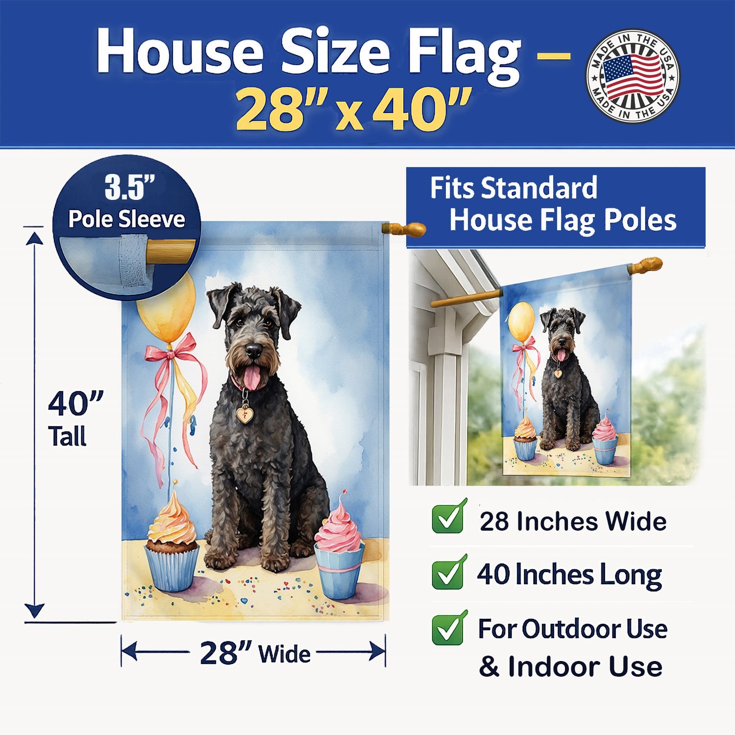 Kerry Blue Terrier Happy Birthday House Flag 28x40 Porch Sleeve Pole Decorative Outside Yard Banner Artwork Wall Hanging, Polyester