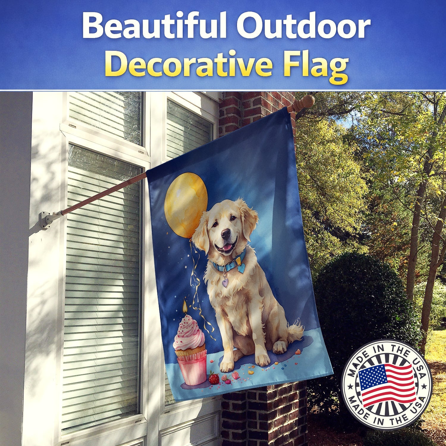 Kuvasz Happy Birthday House Flag 28x40 Porch Sleeve Pole Decorative Outside Yard Banner Artwork Wall Hanging, Polyester