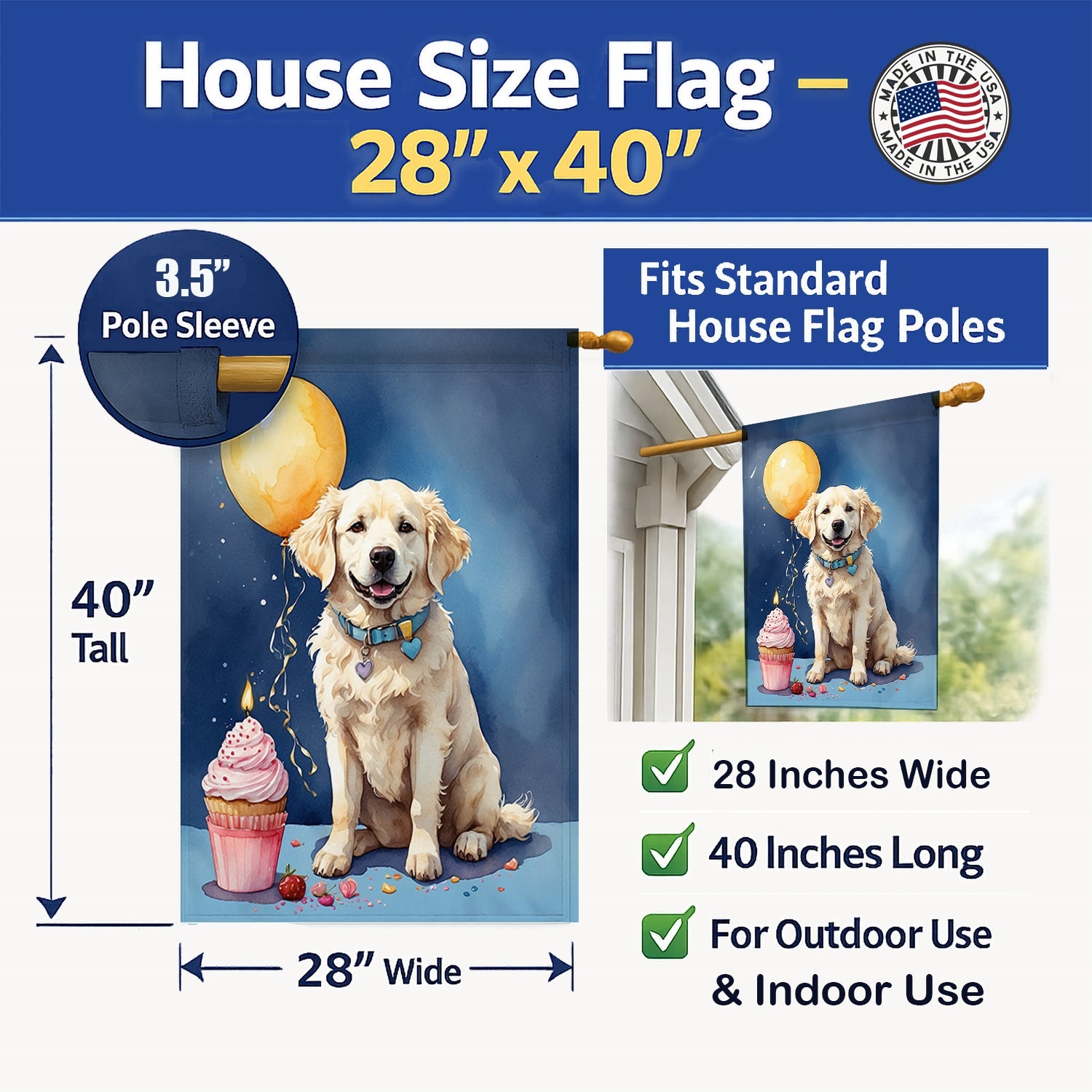 Kuvasz Happy Birthday House Flag 28x40 Porch Sleeve Pole Decorative Outside Yard Banner Artwork Wall Hanging, Polyester