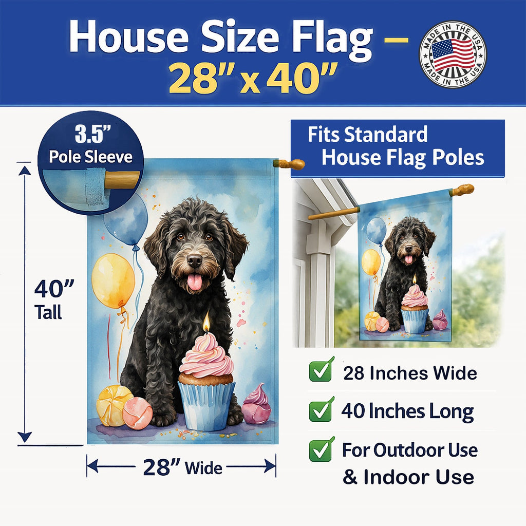Labradoodle Black Happy Birthday House Flag 28x40 Porch Sleeve Pole Decorative Outside Yard Banner Artwork Wall Hanging, Polyester