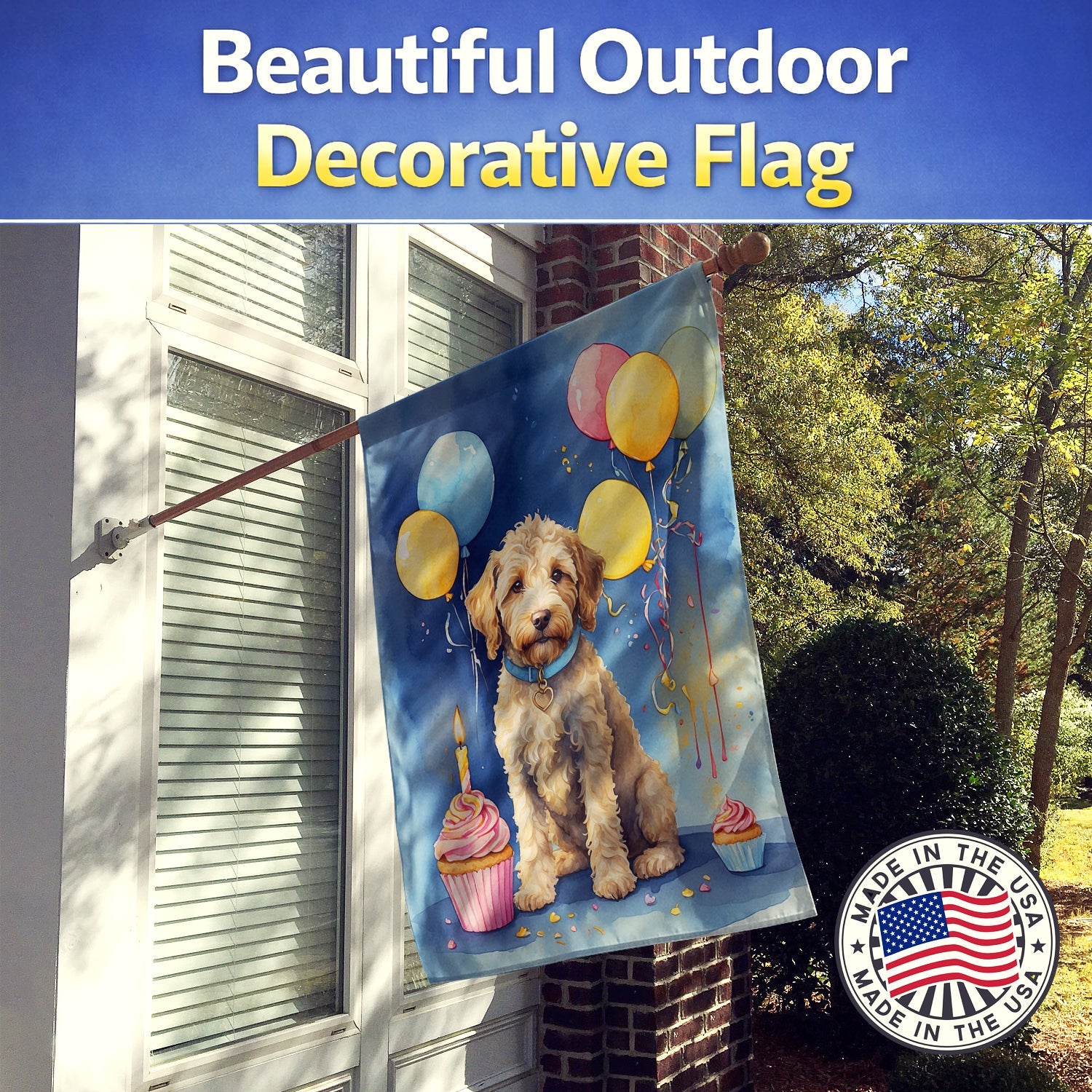 Labradoodle Happy Birthday House Flag 28x40 Porch Sleeve Pole Decorative Outside Yard Banner Artwork Wall Hanging, Polyester