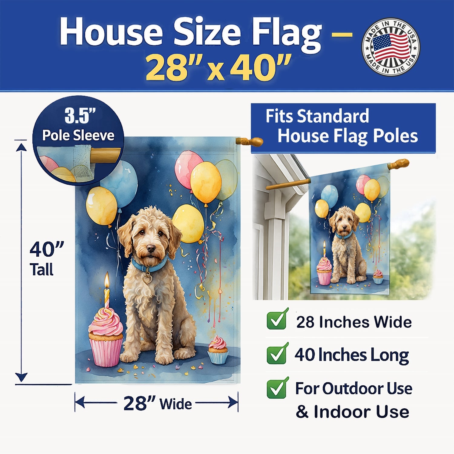 Labradoodle Happy Birthday House Flag 28x40 Porch Sleeve Pole Decorative Outside Yard Banner Artwork Wall Hanging, Polyester