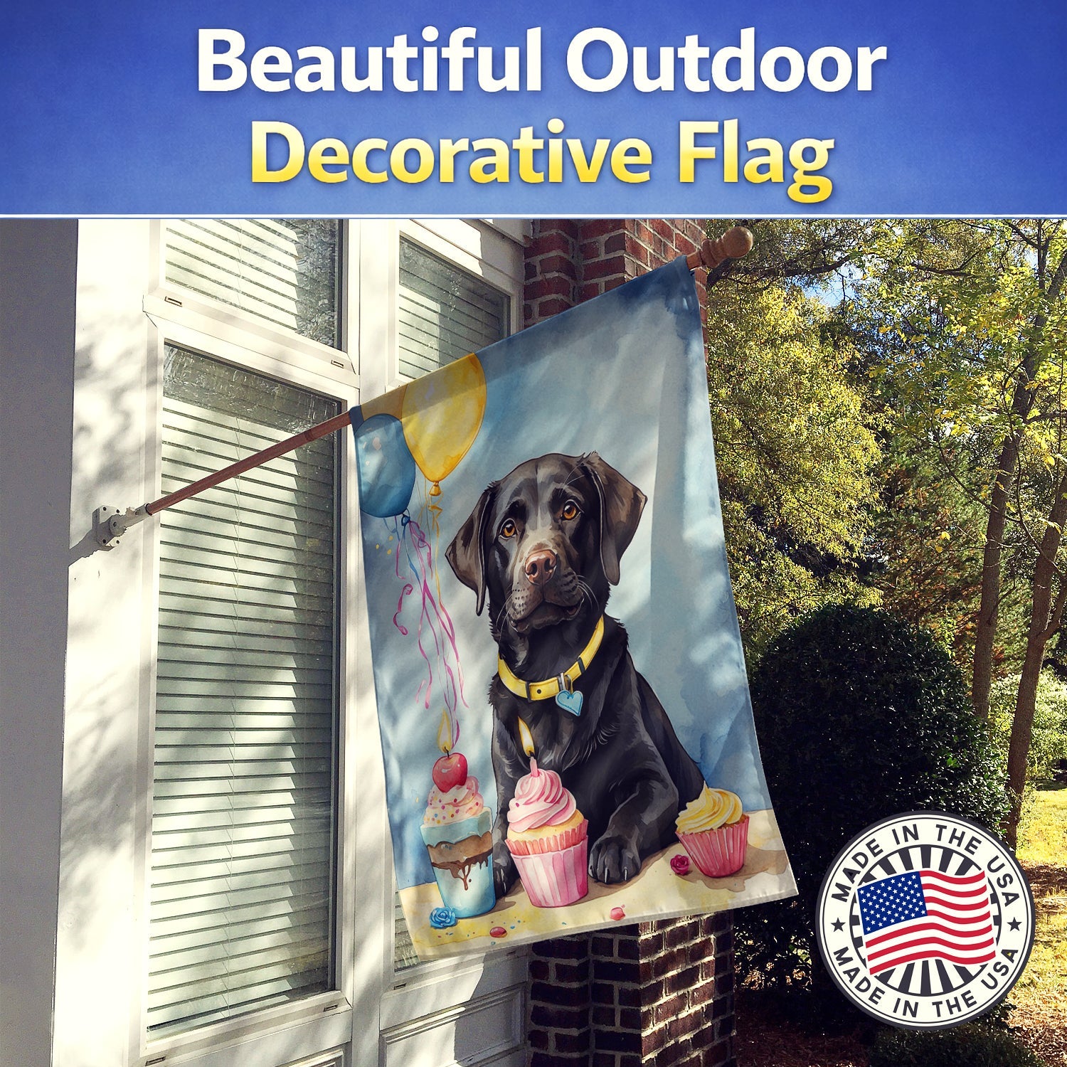 Black Labrador Retriever Happy Birthday House Flag 28x40 Porch Sleeve Pole Decorative Outside Yard Banner Artwork Wall Hanging, Polyester