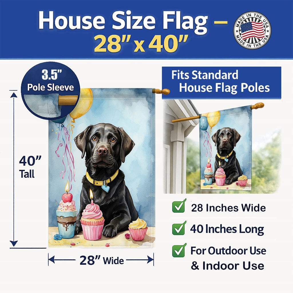 Black Labrador Retriever Happy Birthday House Flag 28x40 Porch Sleeve Pole Decorative Outside Yard Banner Artwork Wall Hanging, Polyester