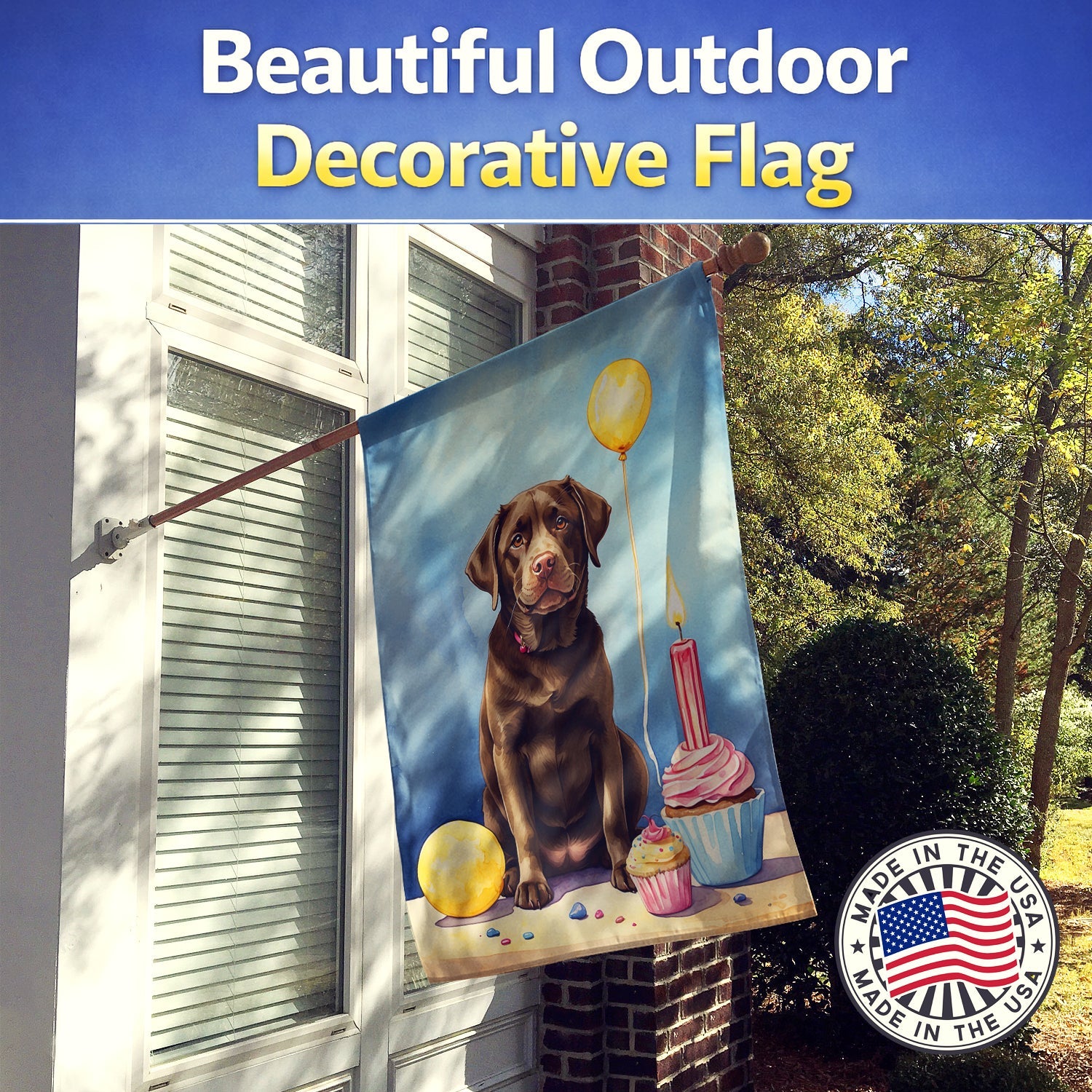 Chocolate Labrador Retriever Happy Birthday House Flag 28x40 Porch Sleeve Pole Decorative Outside Yard Banner Artwork Wall Hanging, Polyester