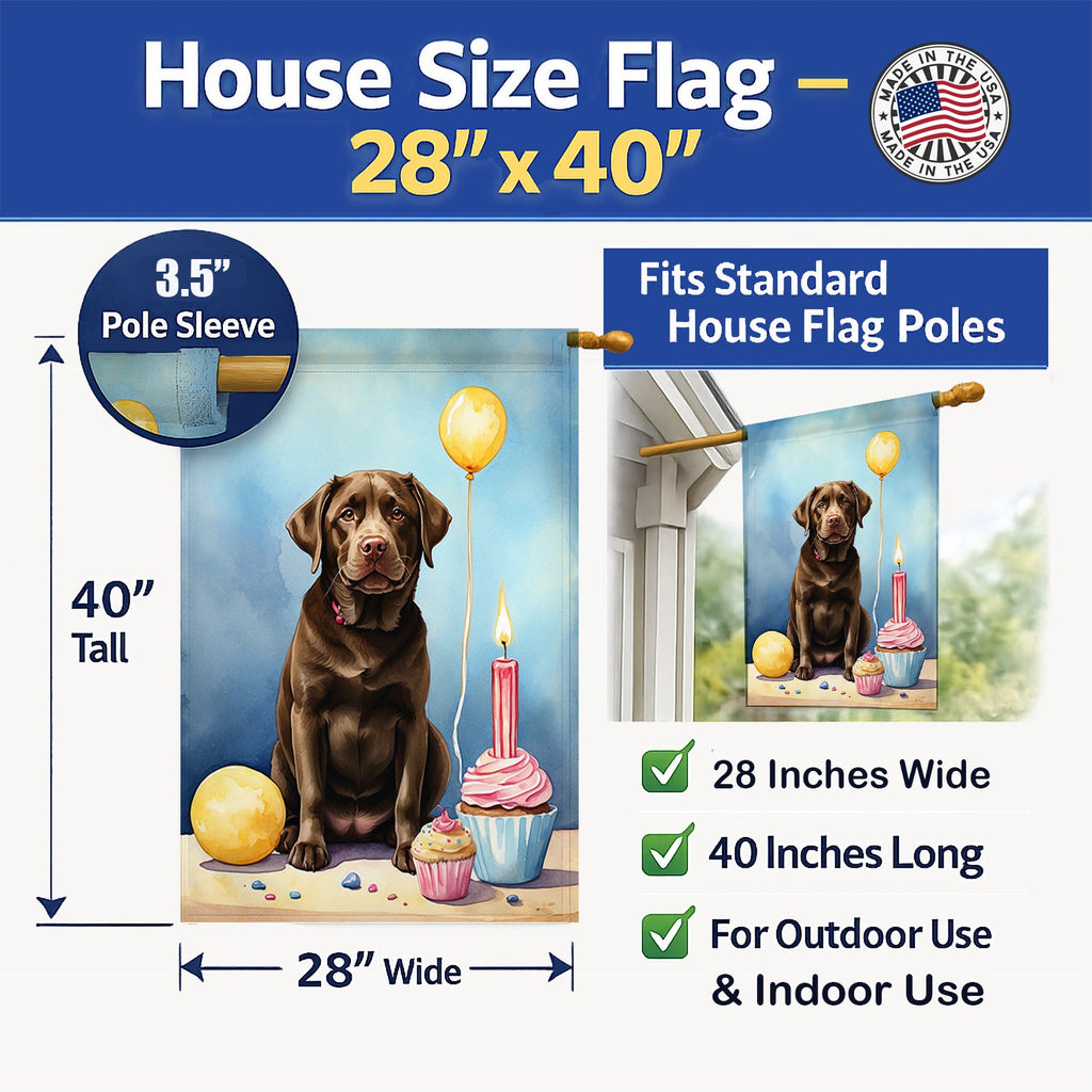 Chocolate Labrador Retriever Happy Birthday House Flag 28x40 Porch Sleeve Pole Decorative Outside Yard Banner Artwork Wall Hanging, Polyester