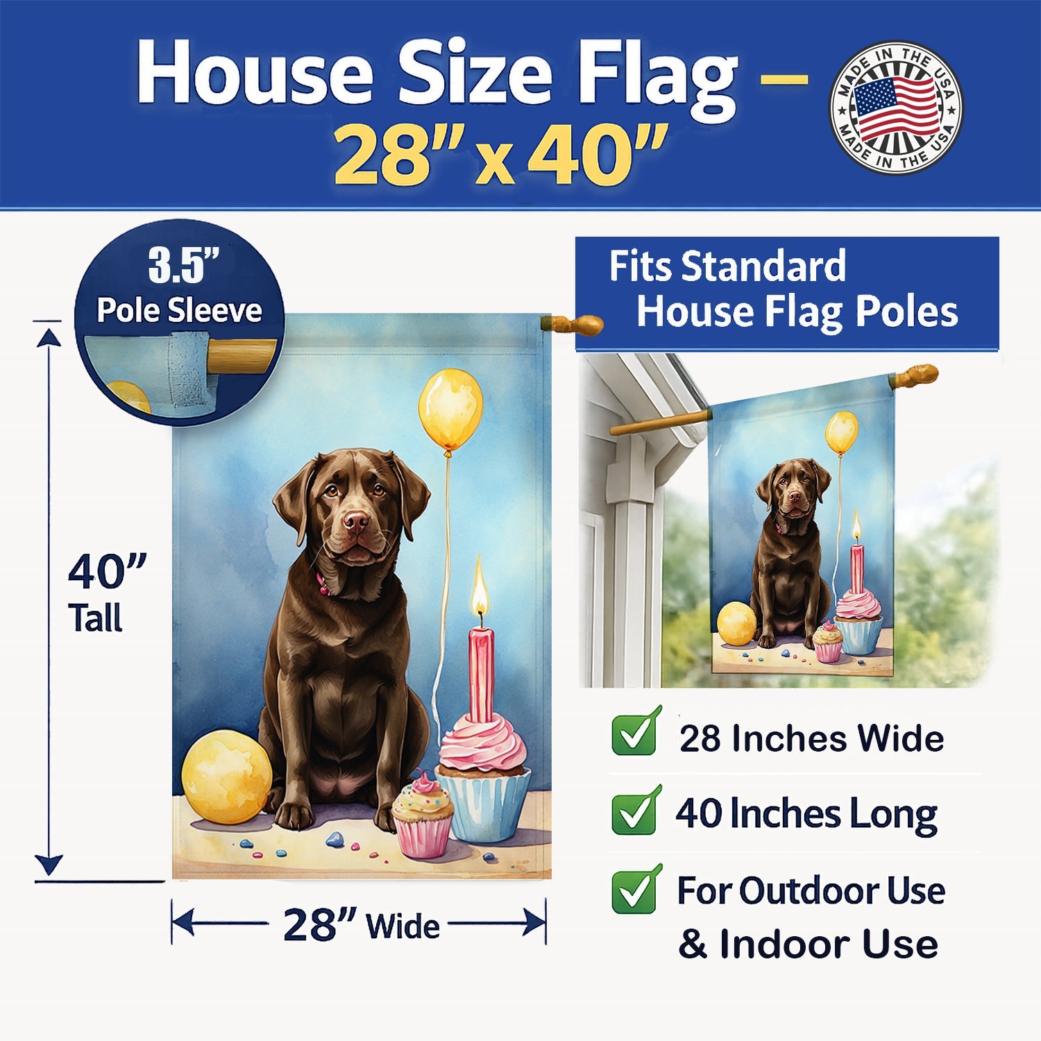 Chocolate Labrador Retriever Happy Birthday House Flag 28x40 Porch Sleeve Pole Decorative Outside Yard Banner Artwork Wall Hanging, Polyester