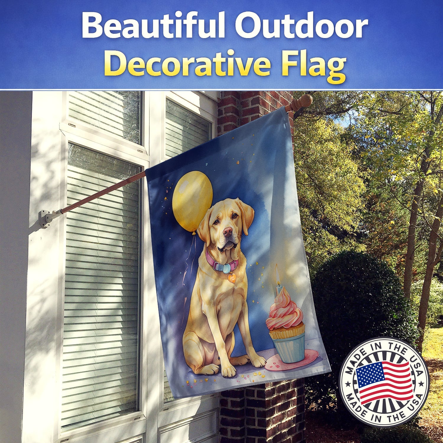 Yellow Labrador Retriever Happy Birthday House Flag 28x40 Porch Sleeve Pole Decorative Outside Yard Banner Artwork Wall Hanging, Polyester