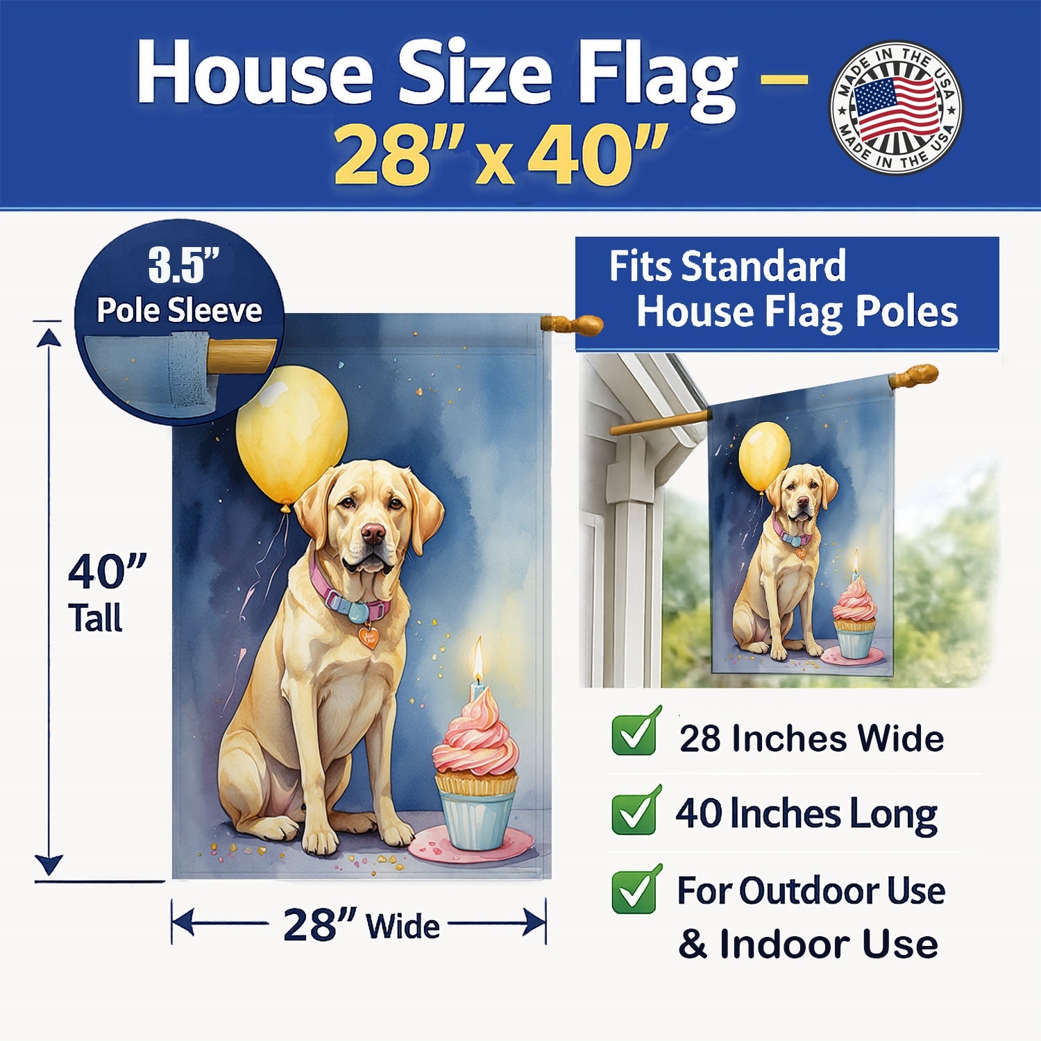 Yellow Labrador Retriever Happy Birthday House Flag 28x40 Porch Sleeve Pole Decorative Outside Yard Banner Artwork Wall Hanging, Polyester