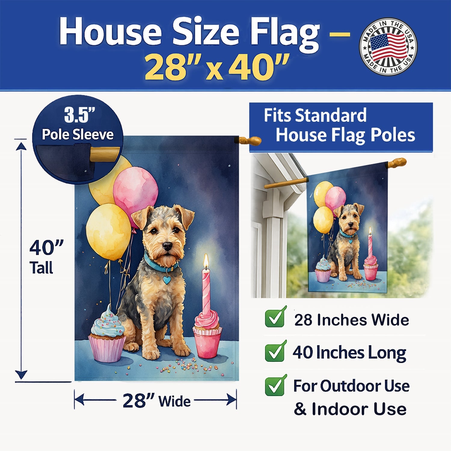 Lakeland Terrier Happy Birthday House Flag 28x40 Porch Sleeve Pole Decorative Outside Yard Banner Artwork Wall Hanging, Polyester