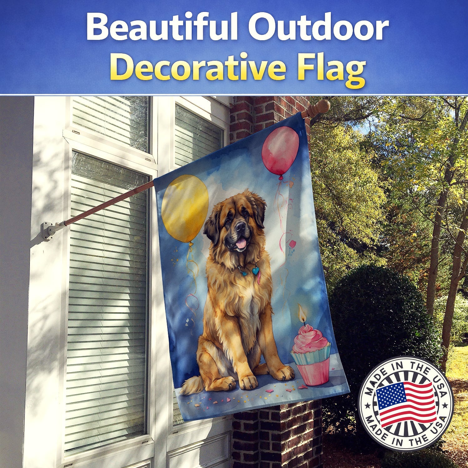 Leonberger Happy Birthday House Flag 28x40 Porch Sleeve Pole Decorative Outside Yard Banner Artwork Wall Hanging, Polyester
