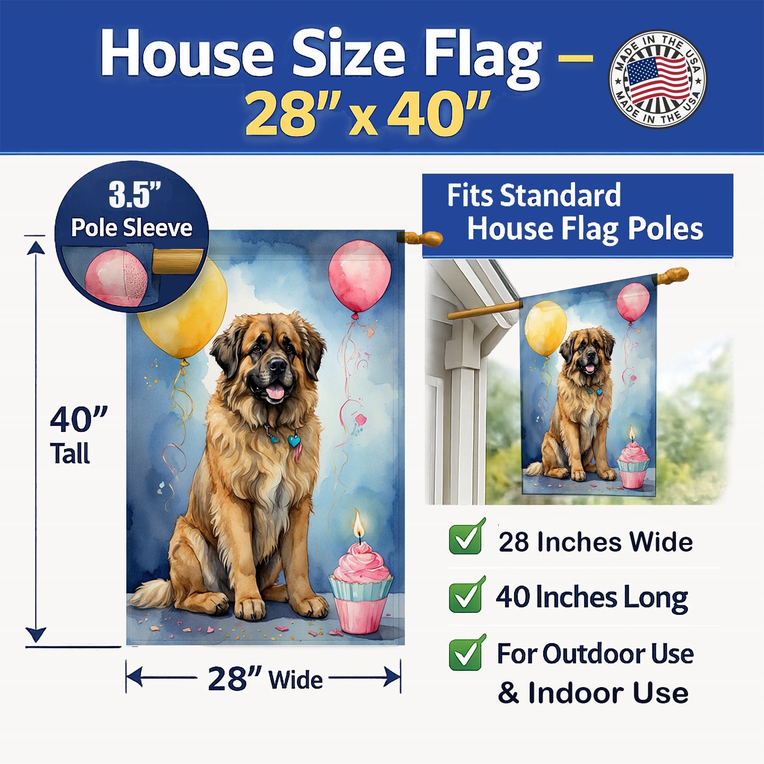 Leonberger Happy Birthday House Flag 28x40 Porch Sleeve Pole Decorative Outside Yard Banner Artwork Wall Hanging, Polyester