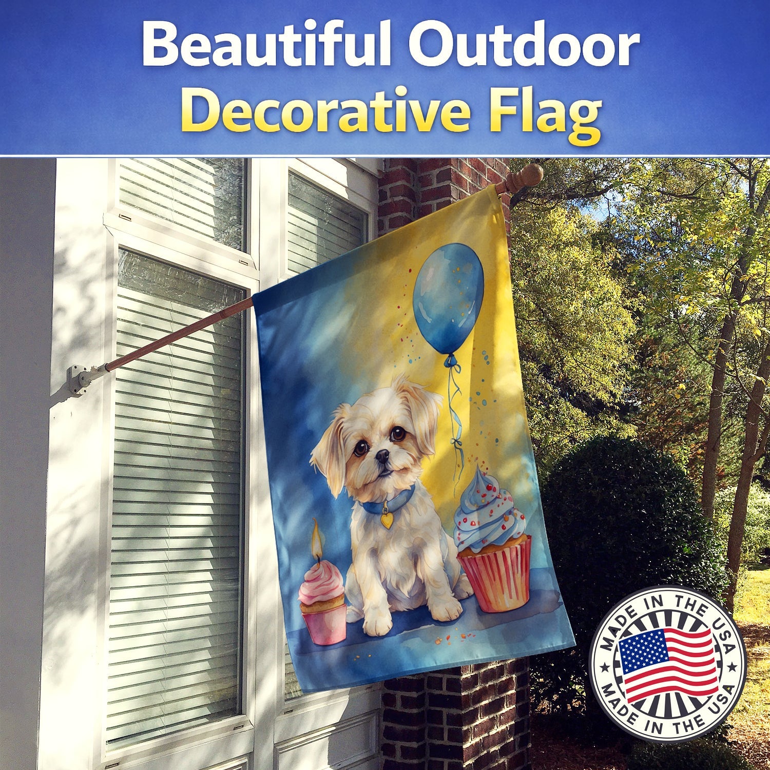 Maltese Happy Birthday House Flag 28x40 Porch Sleeve Pole Decorative Outside Yard Banner Artwork Wall Hanging, Polyester