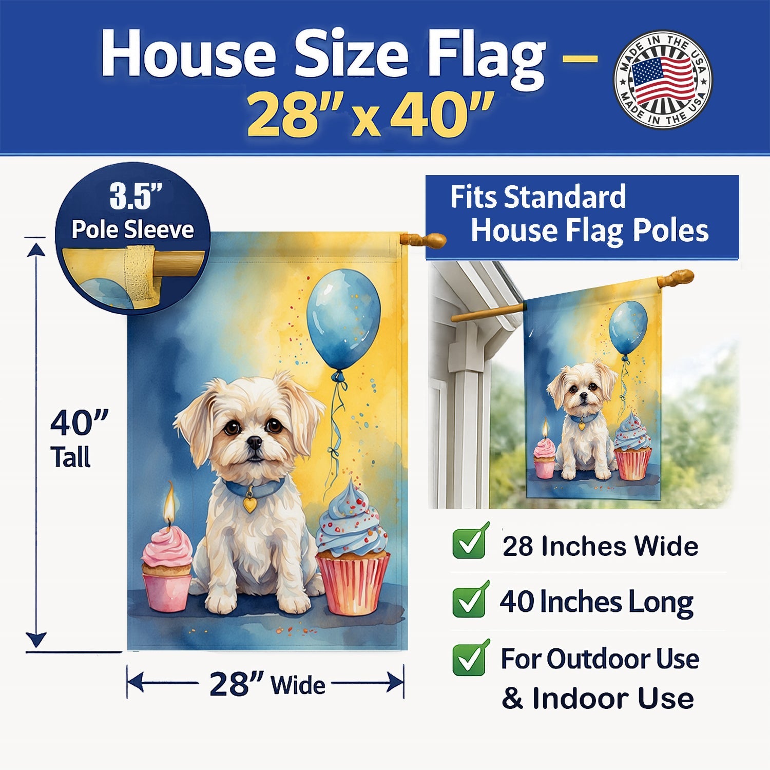 Maltese Happy Birthday House Flag 28x40 Porch Sleeve Pole Decorative Outside Yard Banner Artwork Wall Hanging, Polyester