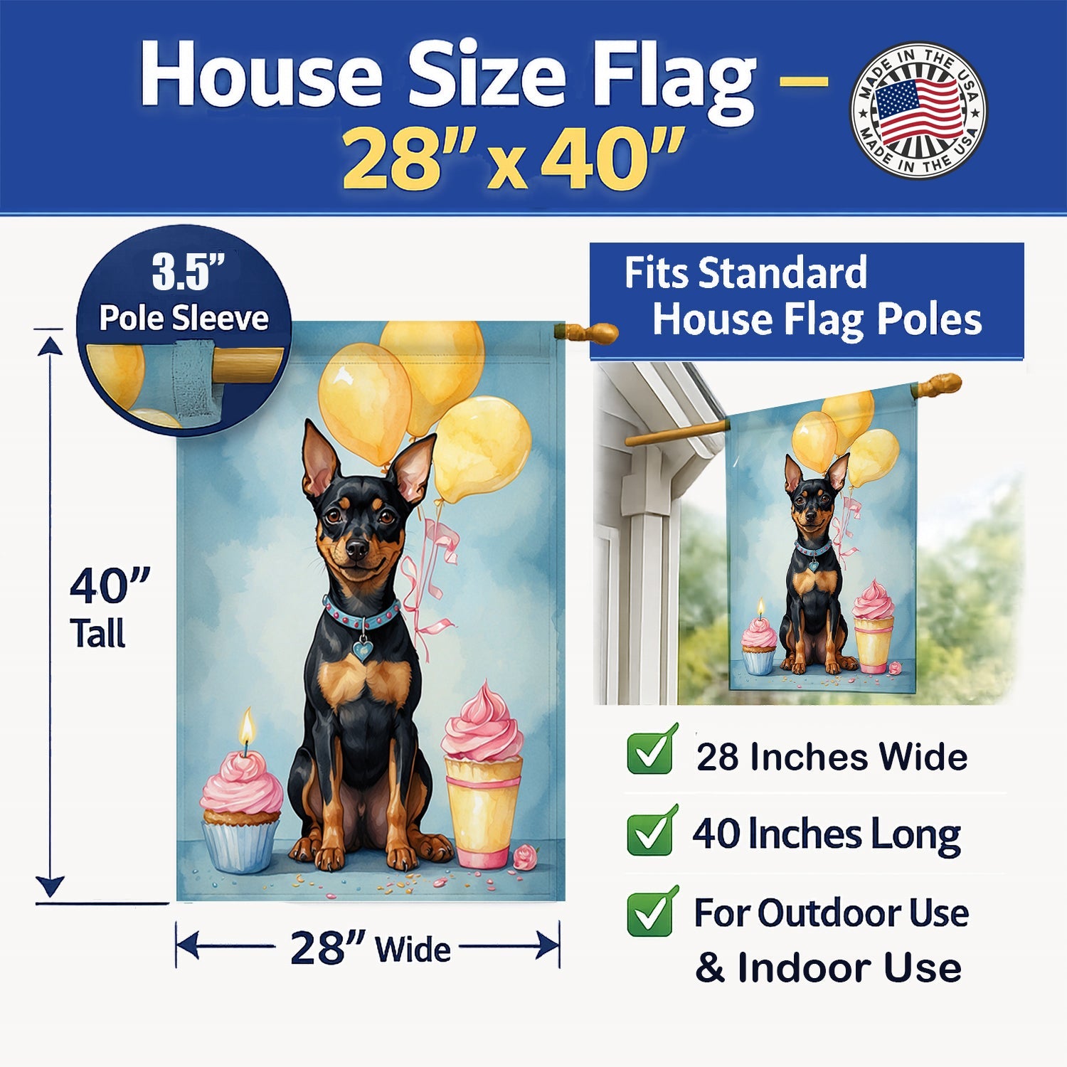 Miniature Pinscher Happy Birthday House Flag 28x40 Porch Sleeve Pole Decorative Outside Yard Banner Artwork Wall Hanging, Polyester