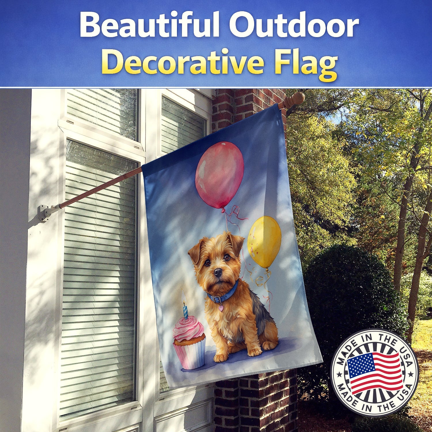 Norfolk Terrier Happy Birthday House Flag 28x40 Porch Sleeve Pole Decorative Outside Yard Banner Artwork Wall Hanging, Polyester
