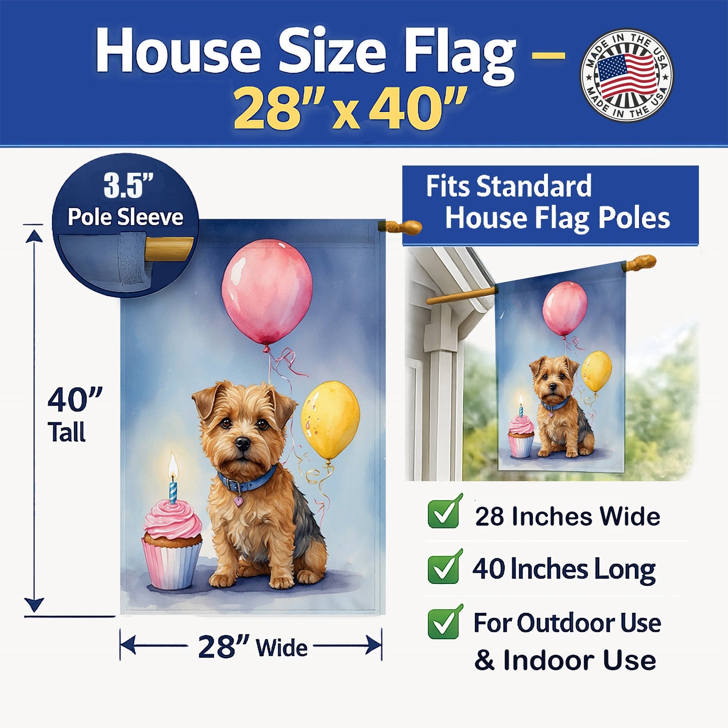 Norfolk Terrier Happy Birthday House Flag 28x40 Porch Sleeve Pole Decorative Outside Yard Banner Artwork Wall Hanging, Polyester