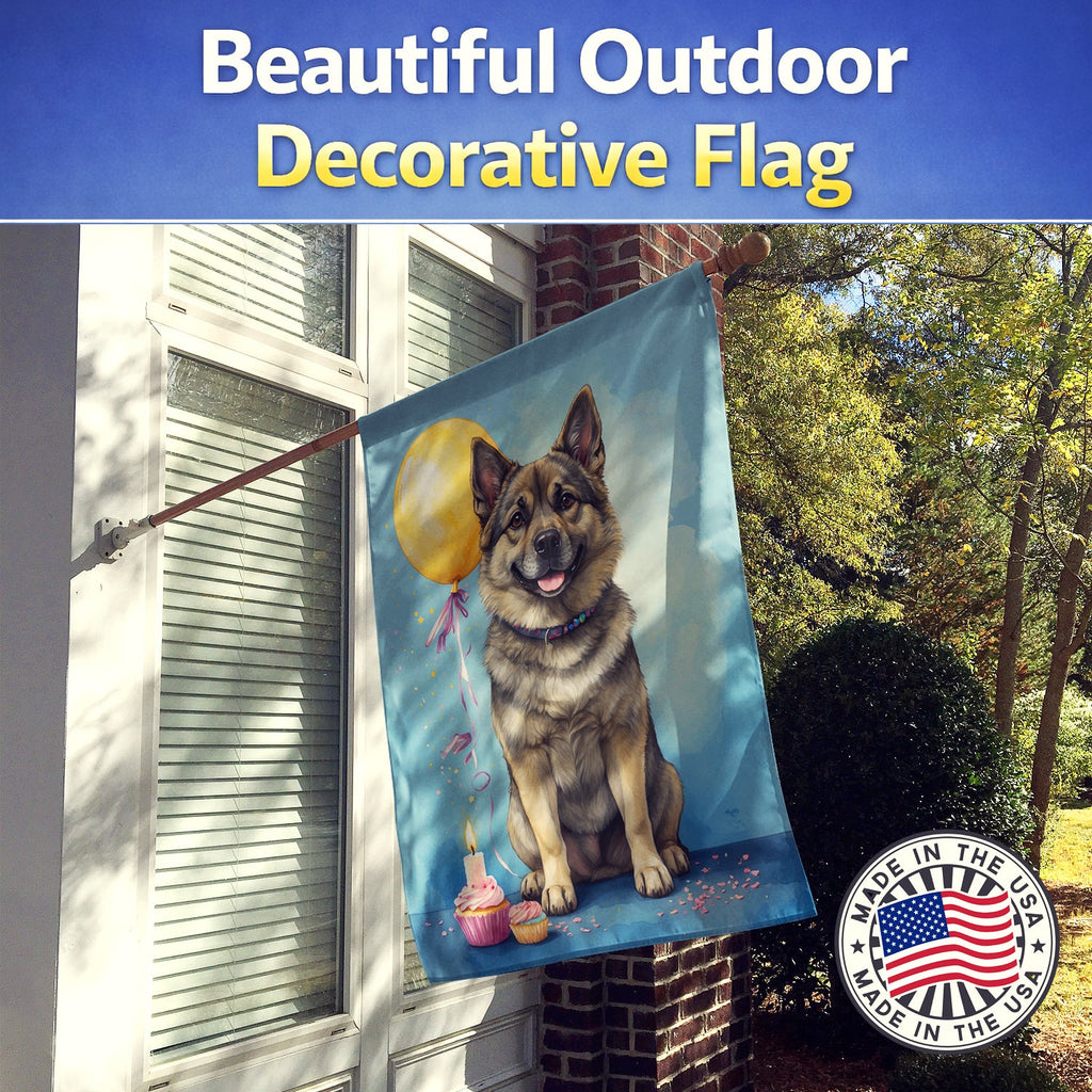 Norwegian Elkhound Happy Birthday House Flag 28x40 Porch Sleeve Pole Decorative Outside Yard Banner Artwork Wall Hanging, Polyester