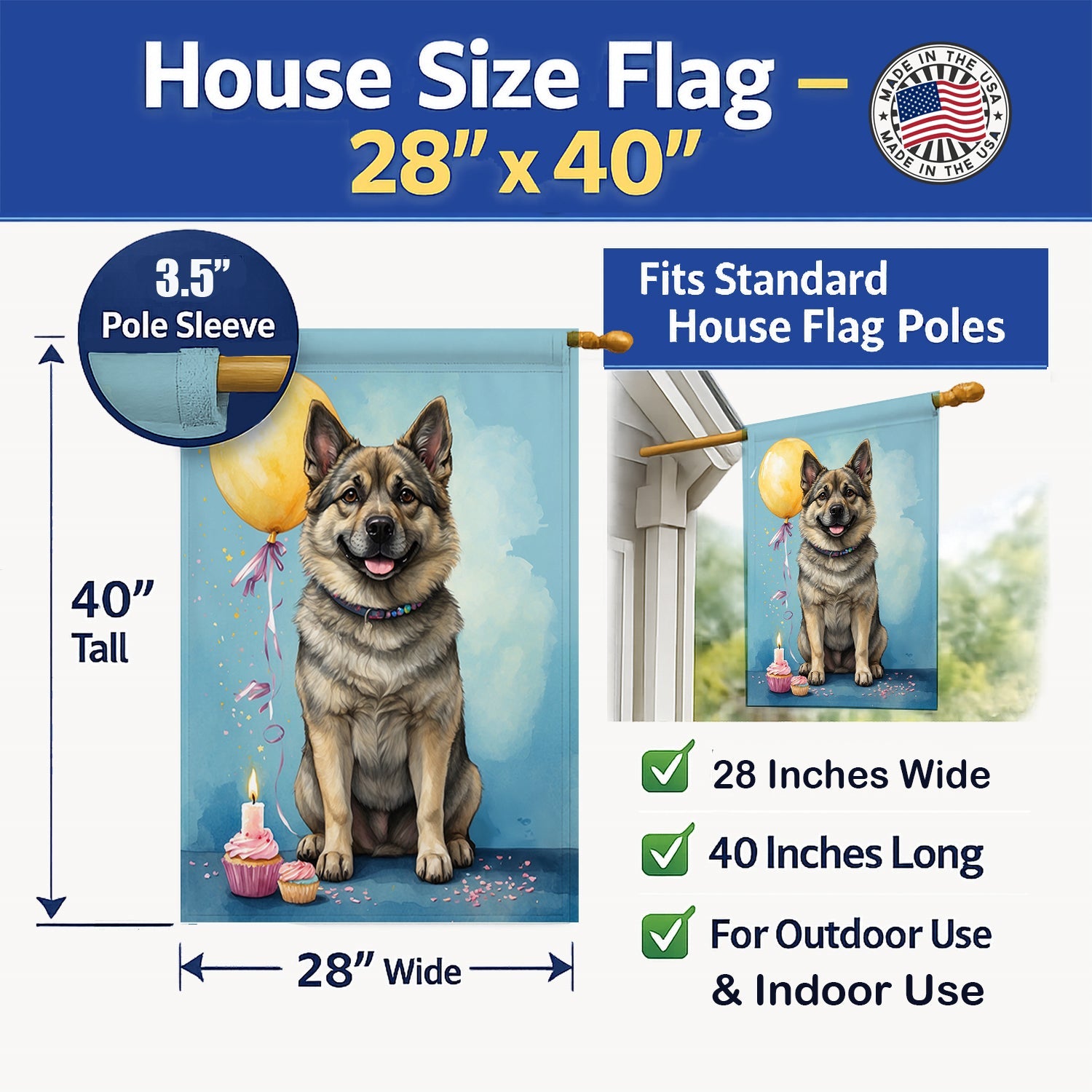 Norwegian Elkhound Happy Birthday House Flag 28x40 Porch Sleeve Pole Decorative Outside Yard Banner Artwork Wall Hanging, Polyester