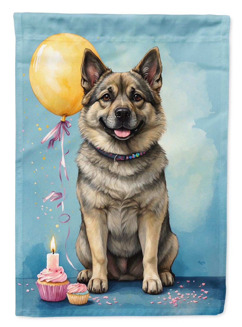 Norwegian Elkhound Happy Birthday House Flag 28x40 Porch Sleeve Pole Decorative Outside Yard Banner Artwork Wall Hanging, Polyester