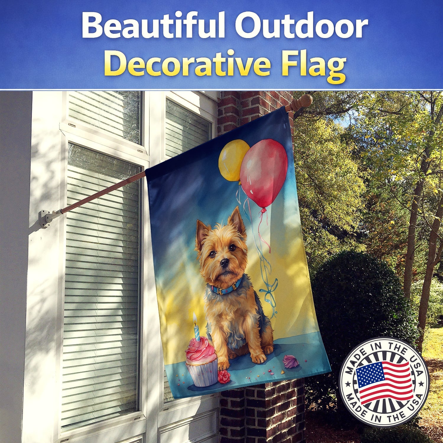 Norwich Terrier Happy Birthday House Flag 28x40 Porch Sleeve Pole Decorative Outside Yard Banner Artwork Wall Hanging, Polyester