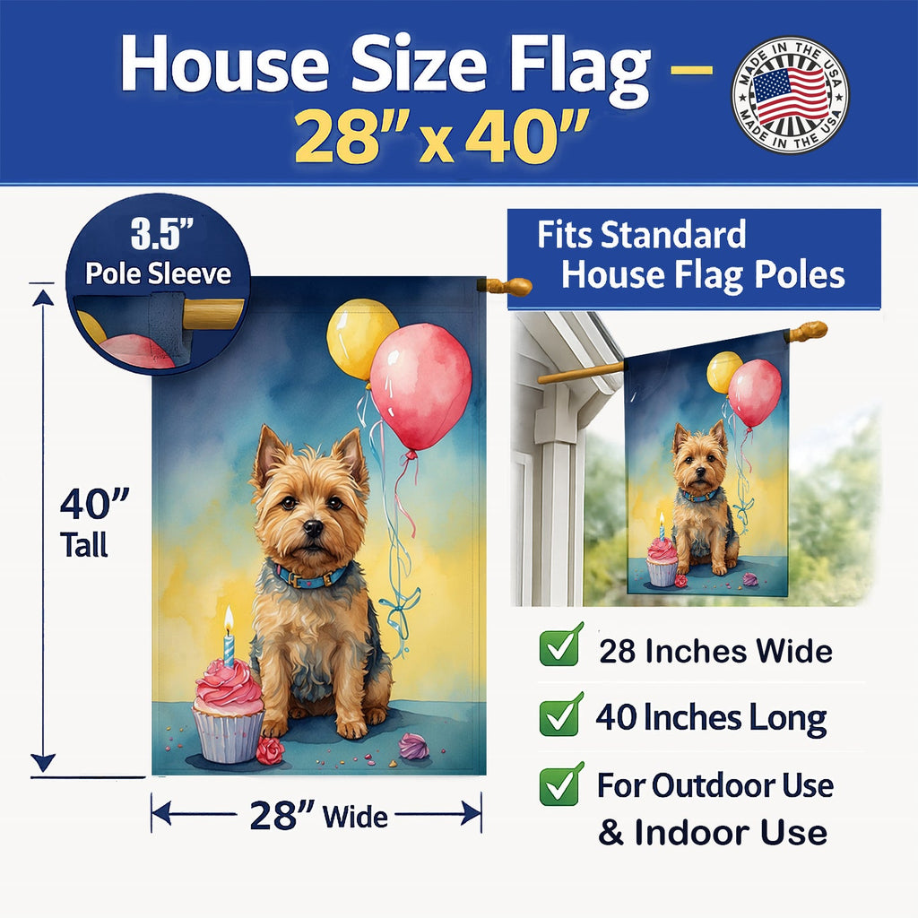 Norwich Terrier Happy Birthday House Flag 28x40 Porch Sleeve Pole Decorative Outside Yard Banner Artwork Wall Hanging, Polyester