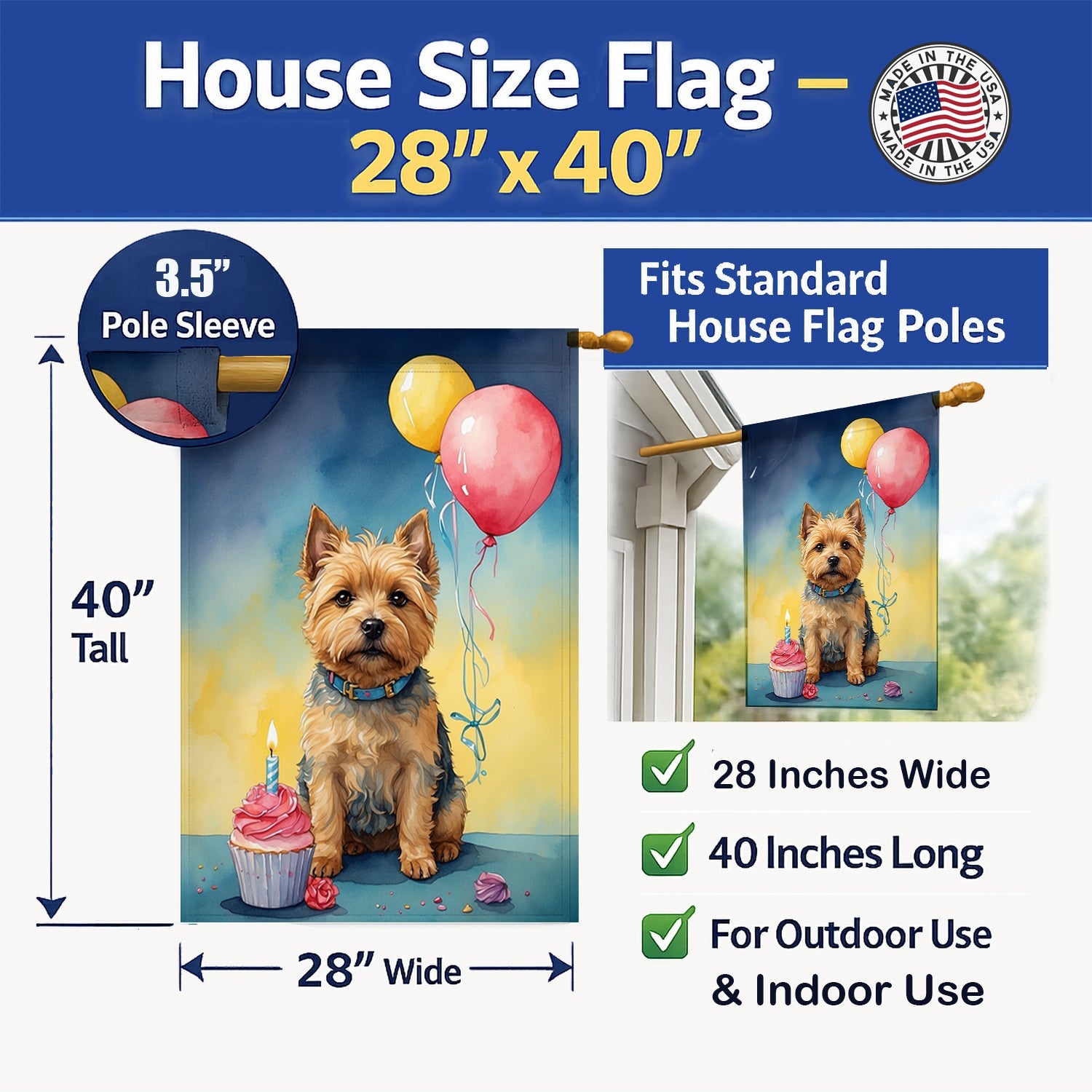 Norwich Terrier Happy Birthday House Flag 28x40 Porch Sleeve Pole Decorative Outside Yard Banner Artwork Wall Hanging, Polyester