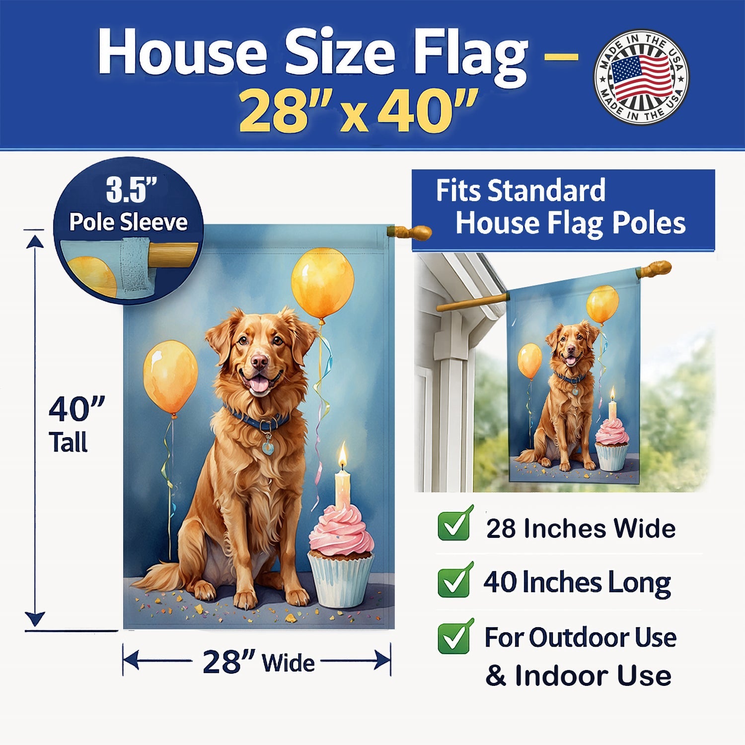 Nova Scotia Duck Tolling Retriever Happy Birthday House Flag 28x40 Porch Sleeve Pole Decorative Outside Yard Banner Artwork Wall Hanging, Polyester