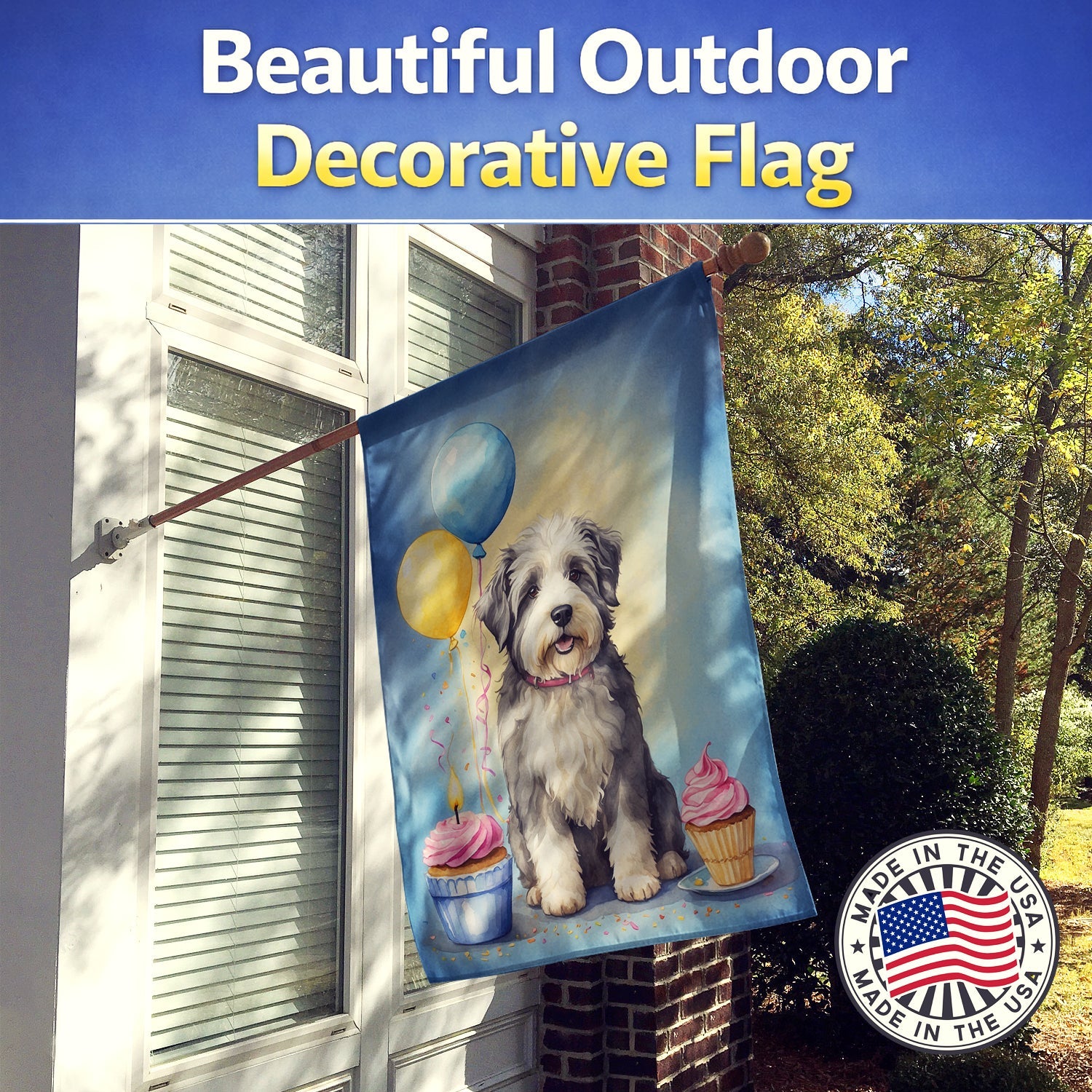 Old English Sheepdog Happy Birthday House Flag 28x40 Porch Sleeve Pole Decorative Outside Yard Banner Artwork Wall Hanging, Polyester