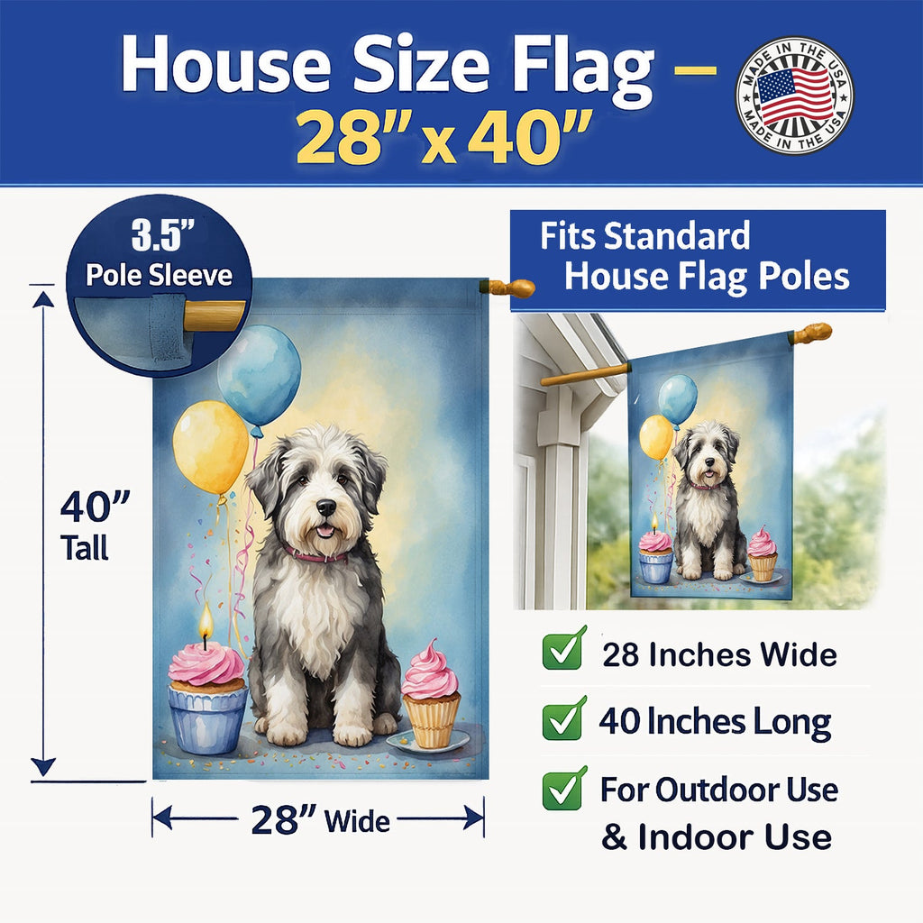 Old English Sheepdog Happy Birthday House Flag 28x40 Porch Sleeve Pole Decorative Outside Yard Banner Artwork Wall Hanging, Polyester