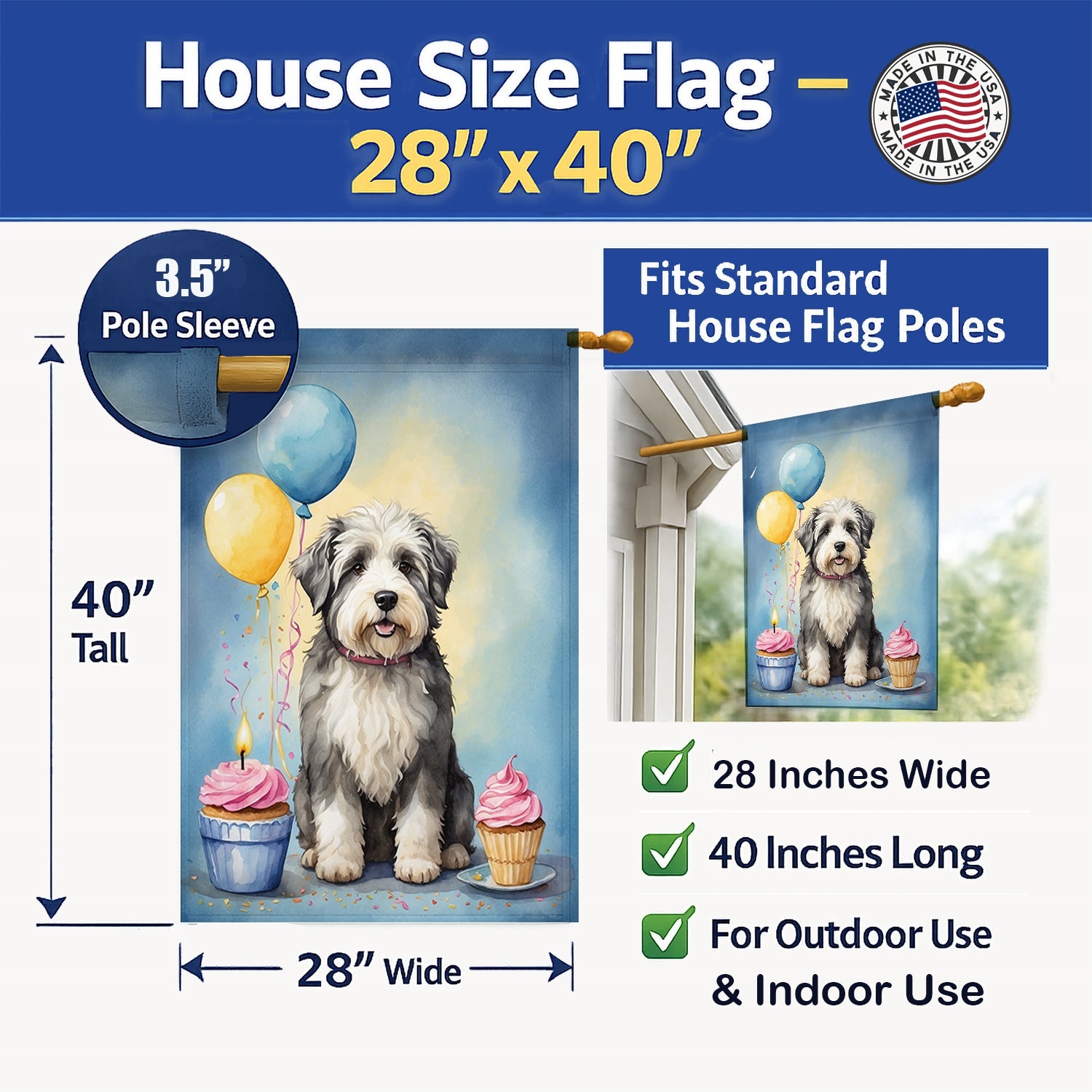 Old English Sheepdog Happy Birthday House Flag 28x40 Porch Sleeve Pole Decorative Outside Yard Banner Artwork Wall Hanging, Polyester