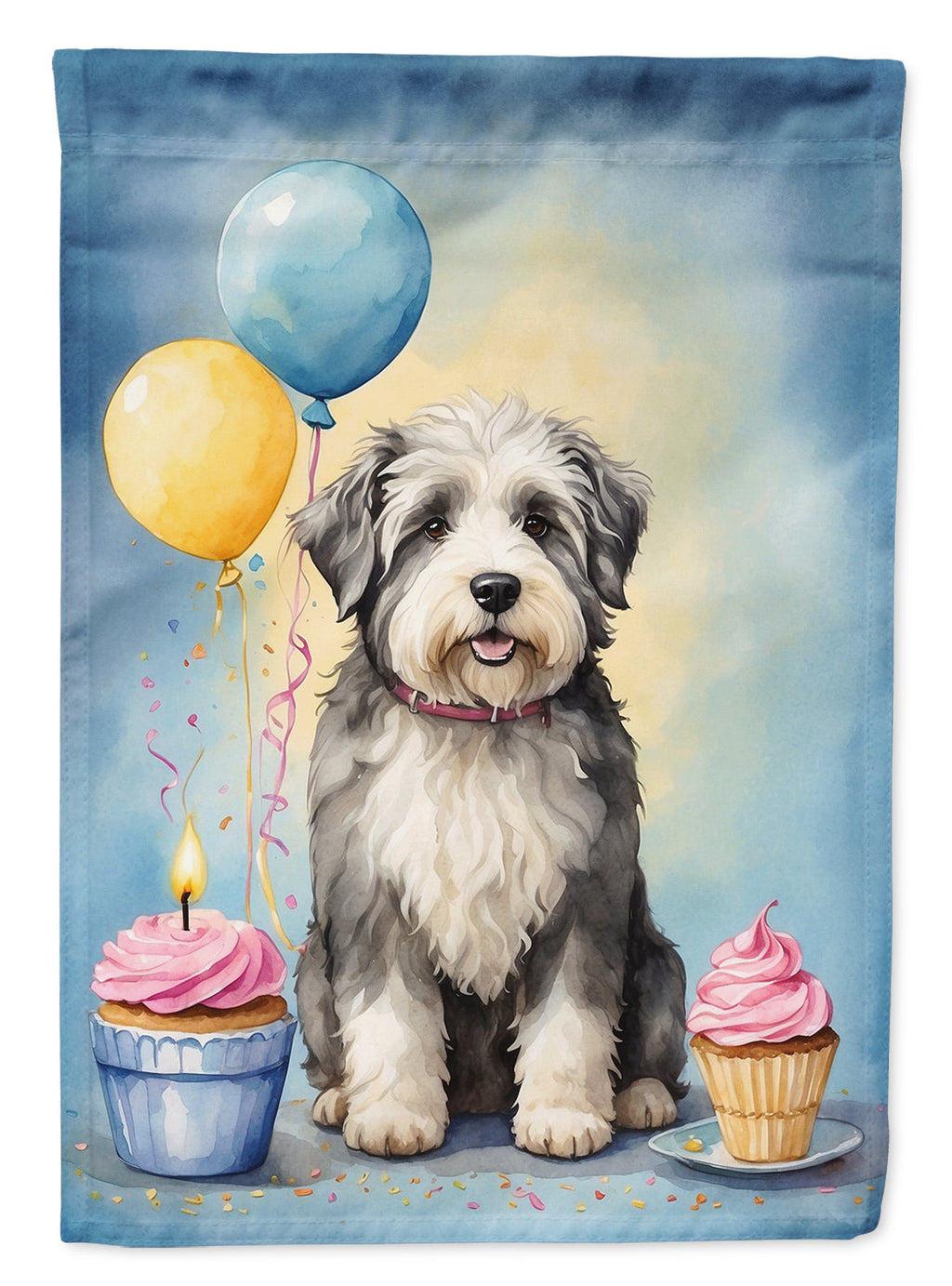 Old English Sheepdog Happy Birthday House Flag 28x40 Porch Sleeve Pole Decorative Outside Yard Banner Artwork Wall Hanging, Polyester