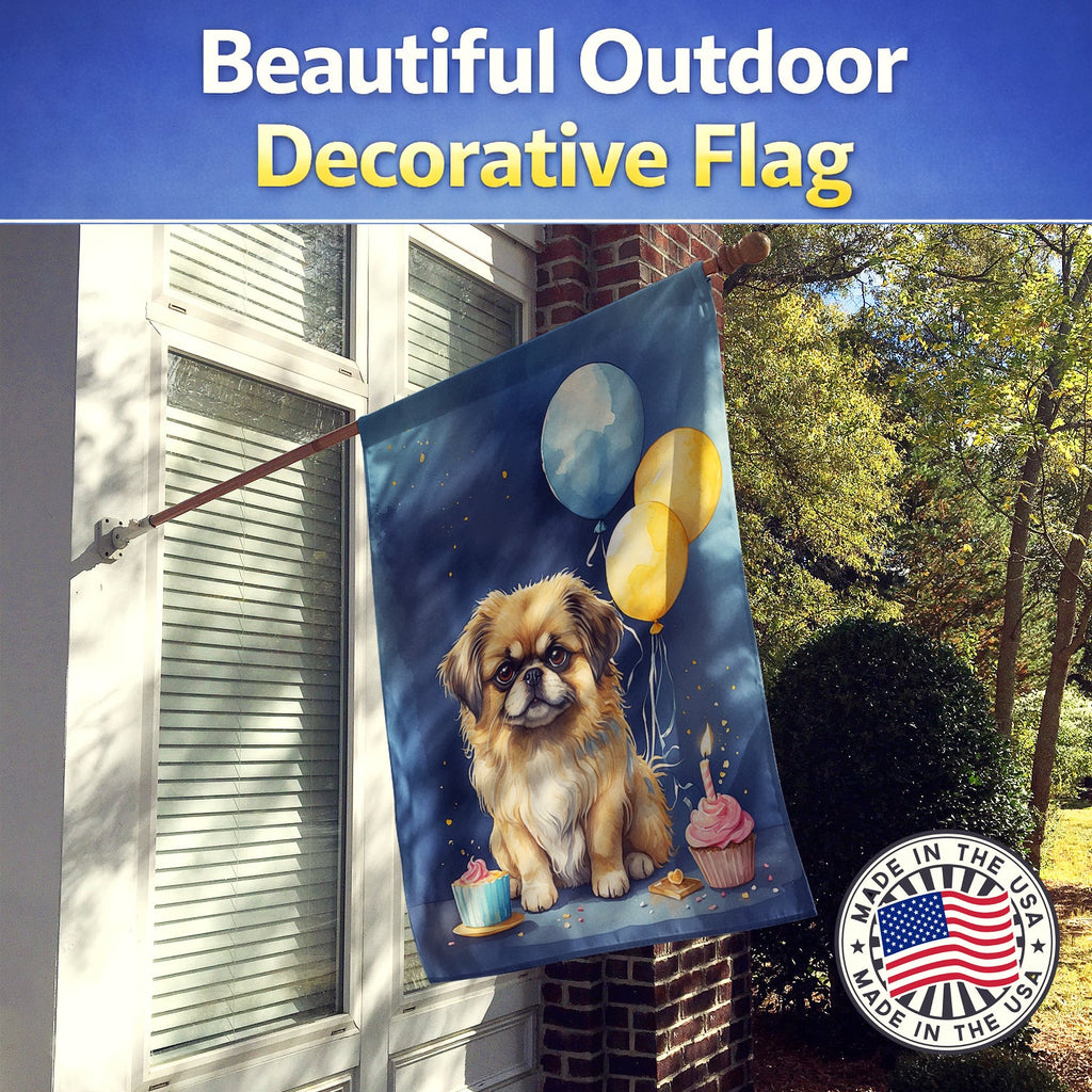 Pekingese Happy Birthday House Flag 28x40 Porch Sleeve Pole Decorative Outside Yard Banner Artwork Wall Hanging, Polyester