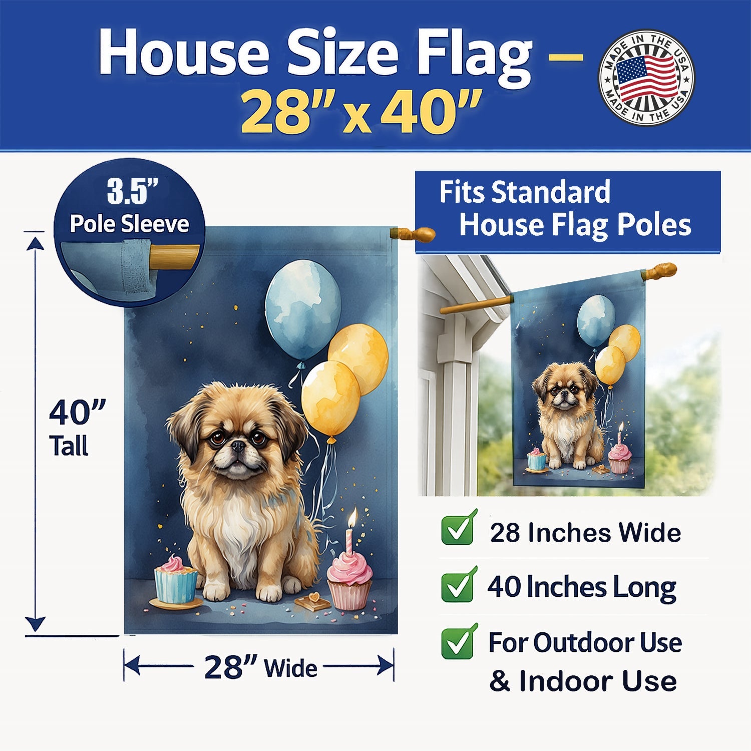 Pekingese Happy Birthday House Flag 28x40 Porch Sleeve Pole Decorative Outside Yard Banner Artwork Wall Hanging, Polyester