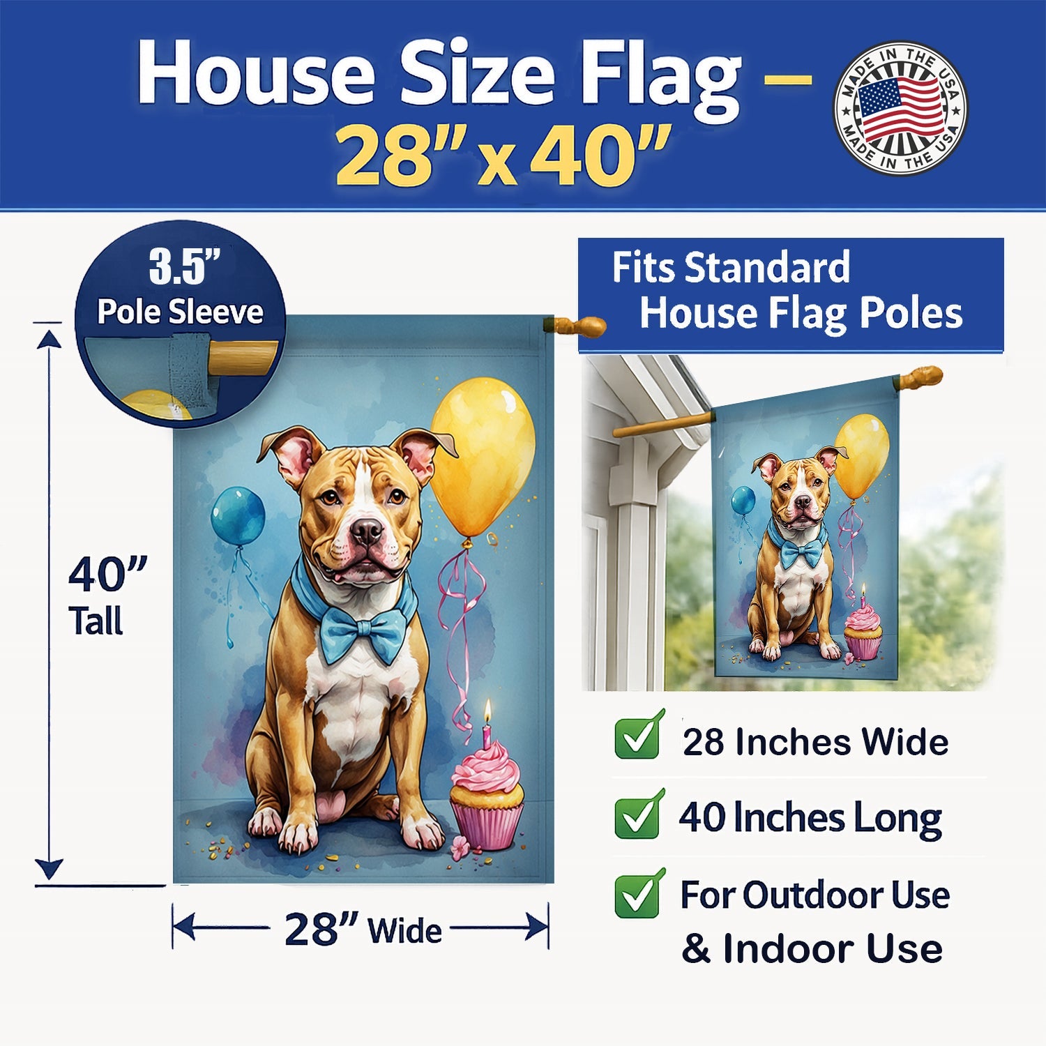 Pit Bull Terrier Happy Birthday House Flag 28x40 Porch Sleeve Pole Decorative Outside Yard Banner Artwork Wall Hanging, Polyester