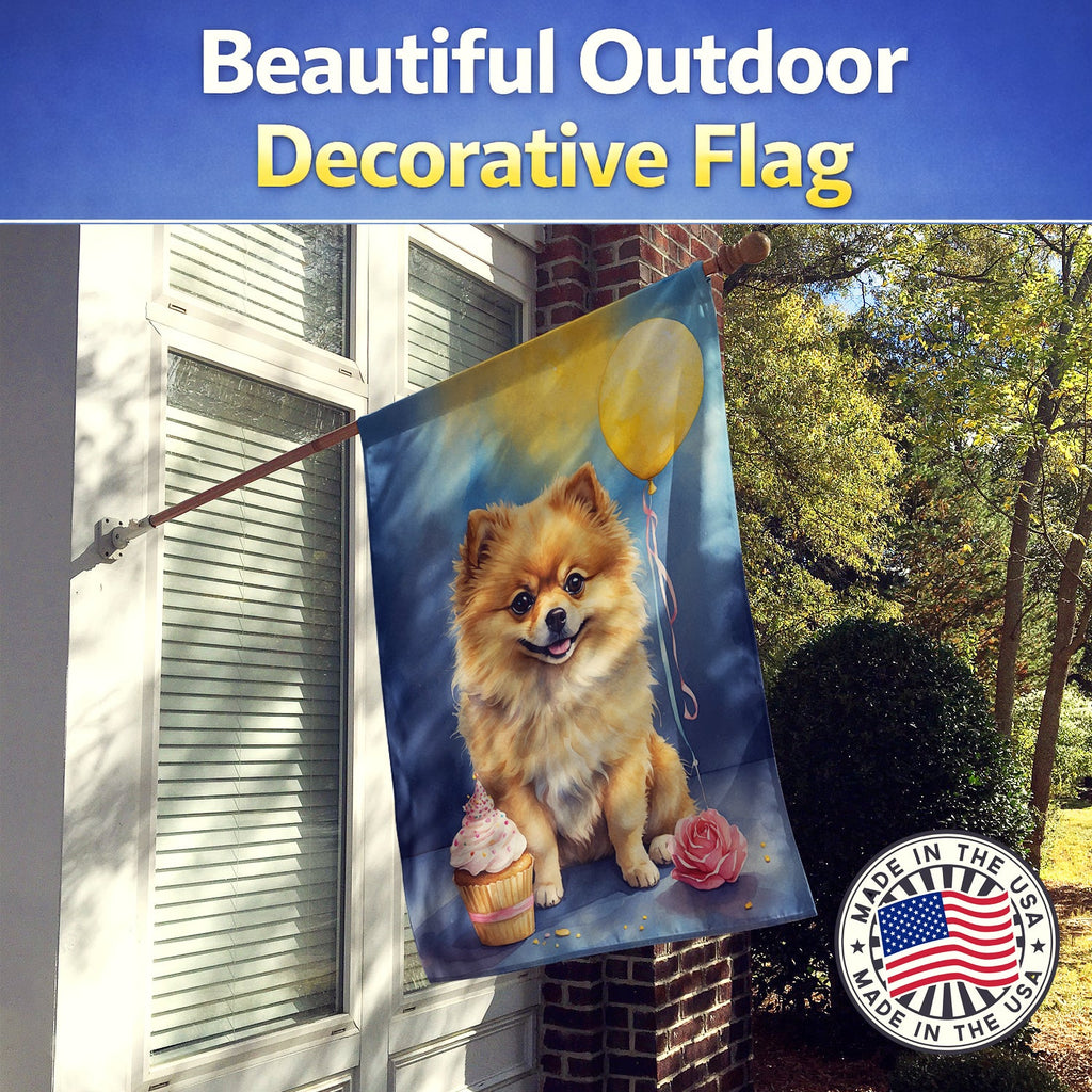 Pomeranian Happy Birthday House Flag 28x40 Porch Sleeve Pole Decorative Outside Yard Banner Artwork Wall Hanging, Polyester