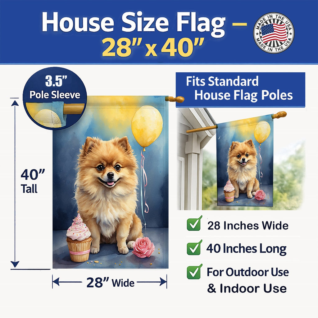 Pomeranian Happy Birthday House Flag 28x40 Porch Sleeve Pole Decorative Outside Yard Banner Artwork Wall Hanging, Polyester