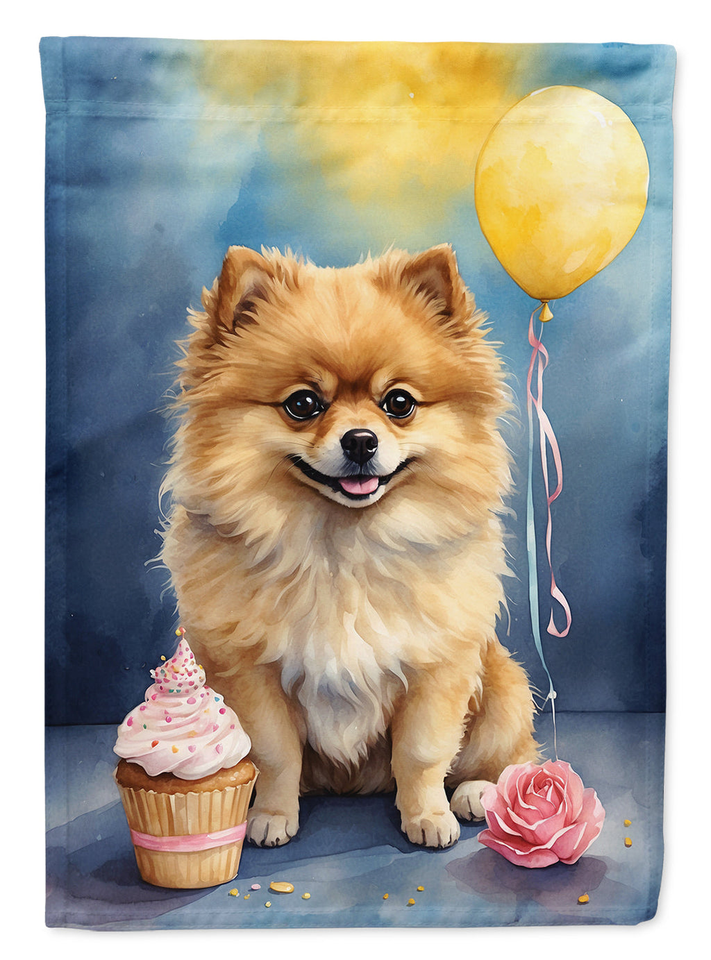 Pomeranian Happy Birthday House Flag 28x40 Porch Sleeve Pole Decorative Outside Yard Banner Artwork Wall Hanging, Polyester