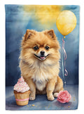 Pomeranian Happy Birthday House Flag 28x40 Porch Sleeve Pole Decorative Outside Yard Banner Artwork Wall Hanging, Polyester