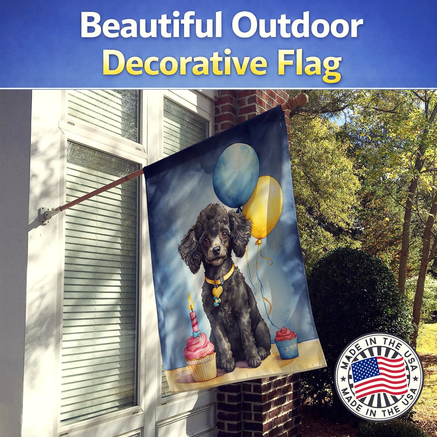 Black Toy Poodle Happy Birthday House Flag 28x40 Porch Sleeve Pole Decorative Outside Yard Banner Artwork Wall Hanging, Polyester