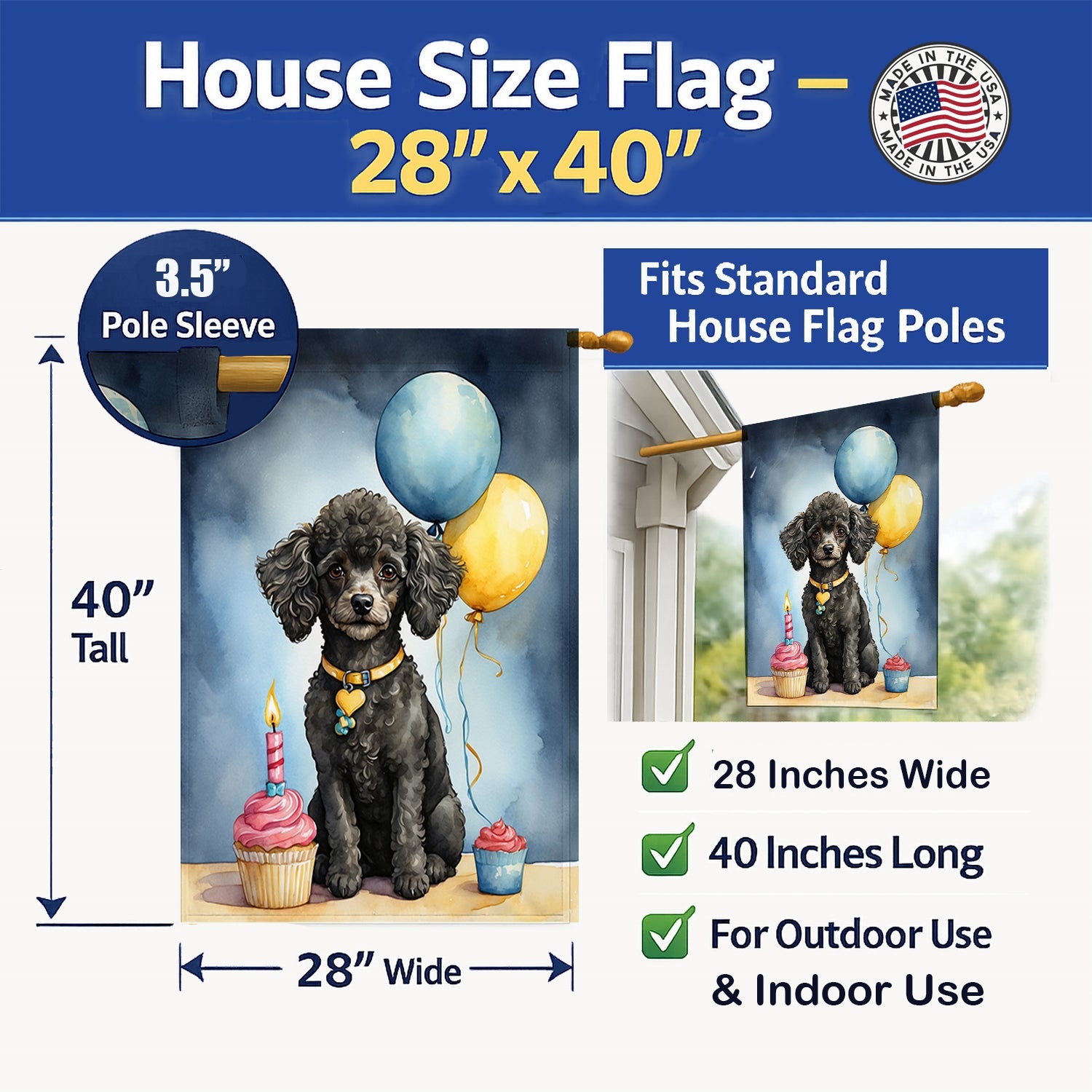 Black Toy Poodle Happy Birthday House Flag 28x40 Porch Sleeve Pole Decorative Outside Yard Banner Artwork Wall Hanging, Polyester