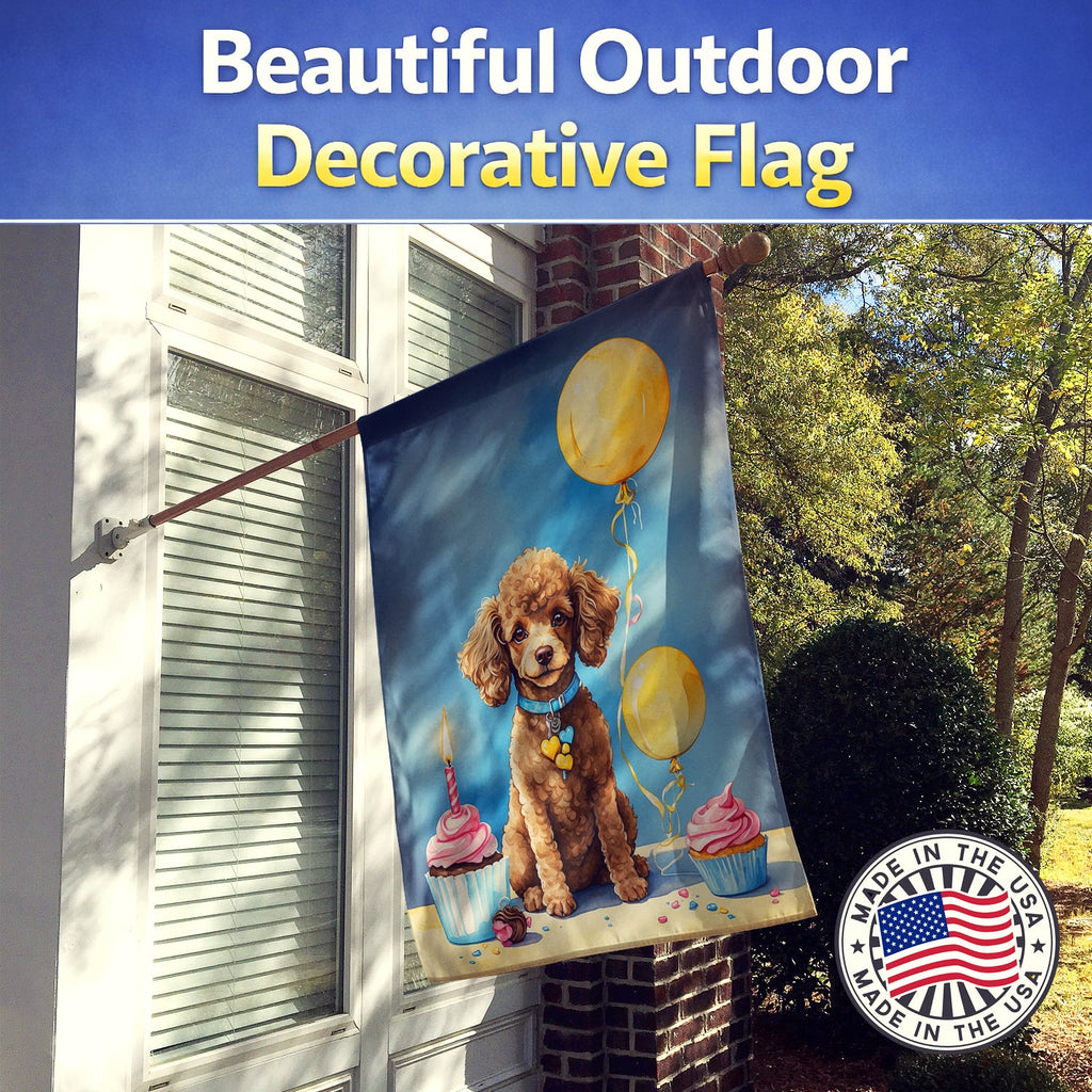 Chocolate Toy Poodle Happy Birthday House Flag 28x40 Porch Sleeve Pole Decorative Outside Yard Banner Artwork Wall Hanging, Polyester