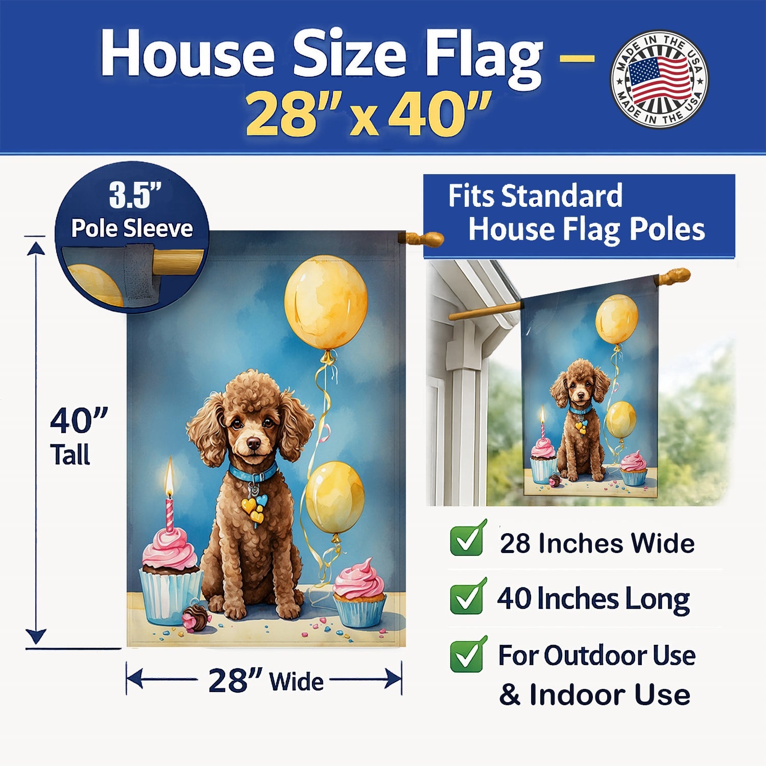 Chocolate Toy Poodle Happy Birthday House Flag 28x40 Porch Sleeve Pole Decorative Outside Yard Banner Artwork Wall Hanging, Polyester