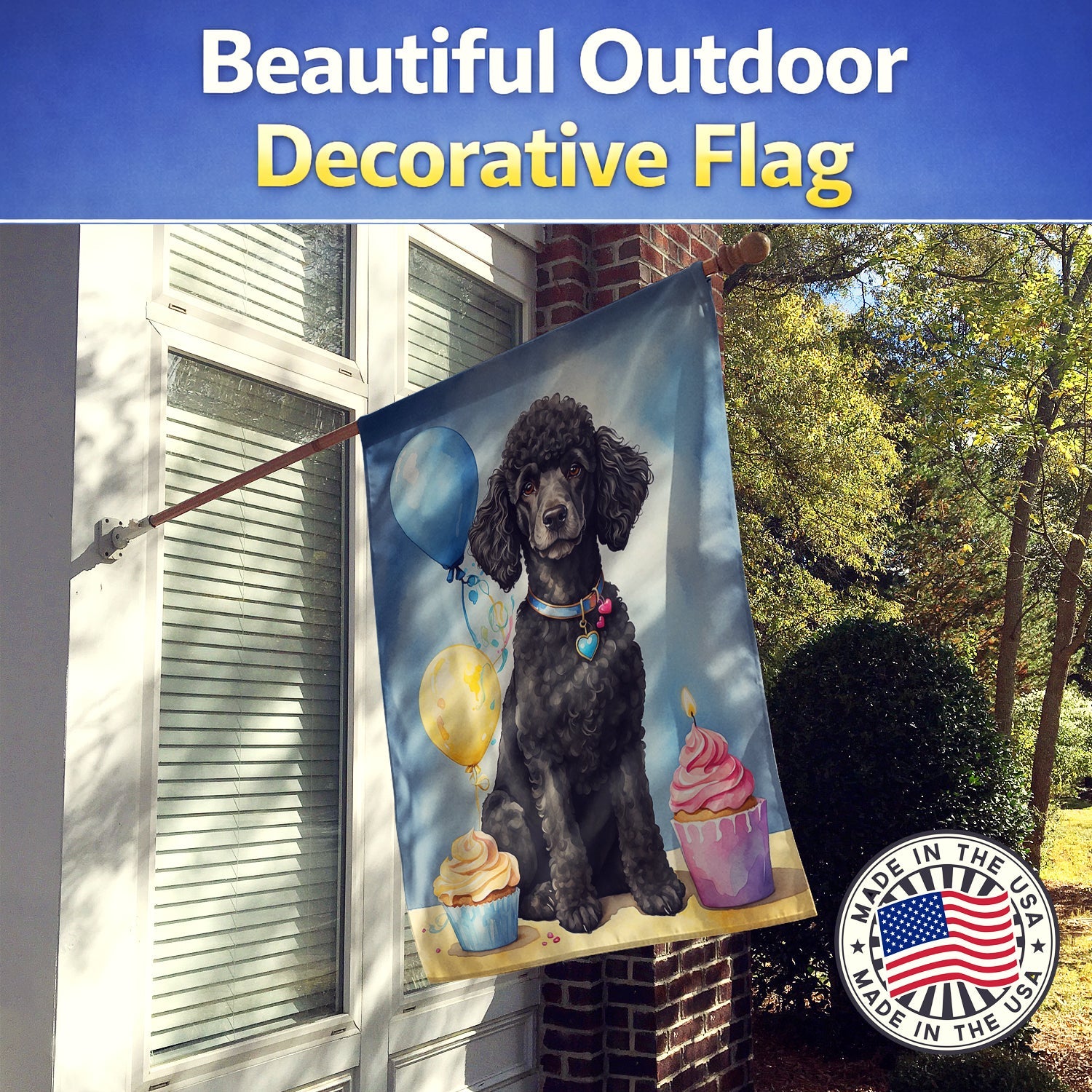 Black Standard Poodle Happy Birthday House Flag 28x40 Porch Sleeve Pole Decorative Outside Yard Banner Artwork Wall Hanging, Polyester