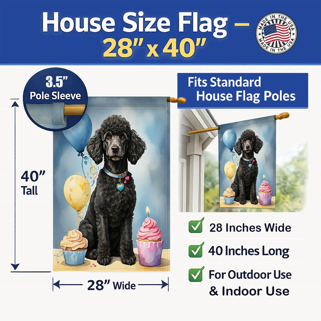 Black Standard Poodle Happy Birthday House Flag 28x40 Porch Sleeve Pole Decorative Outside Yard Banner Artwork Wall Hanging, Polyester