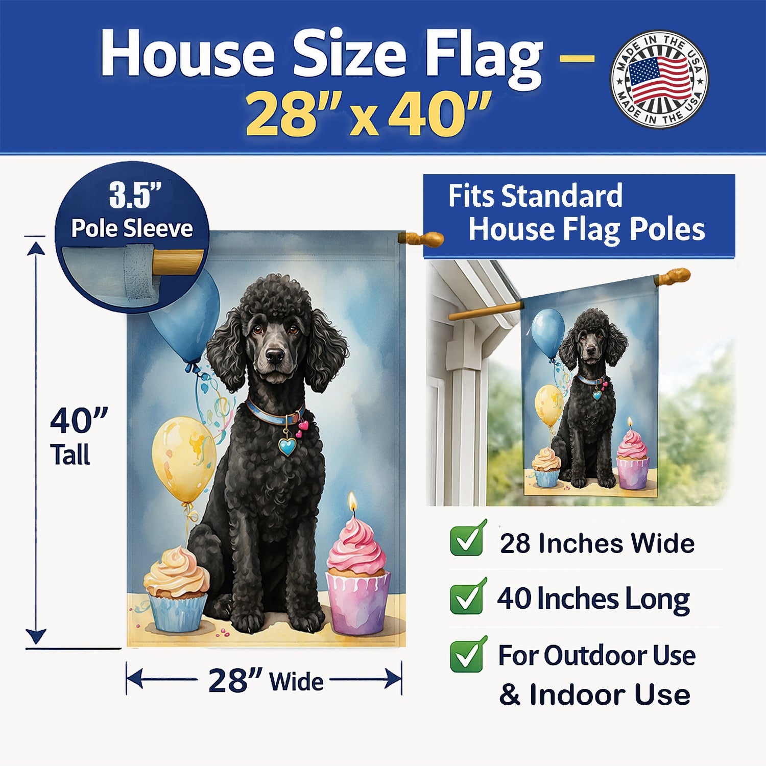 Black Standard Poodle Happy Birthday House Flag 28x40 Porch Sleeve Pole Decorative Outside Yard Banner Artwork Wall Hanging, Polyester