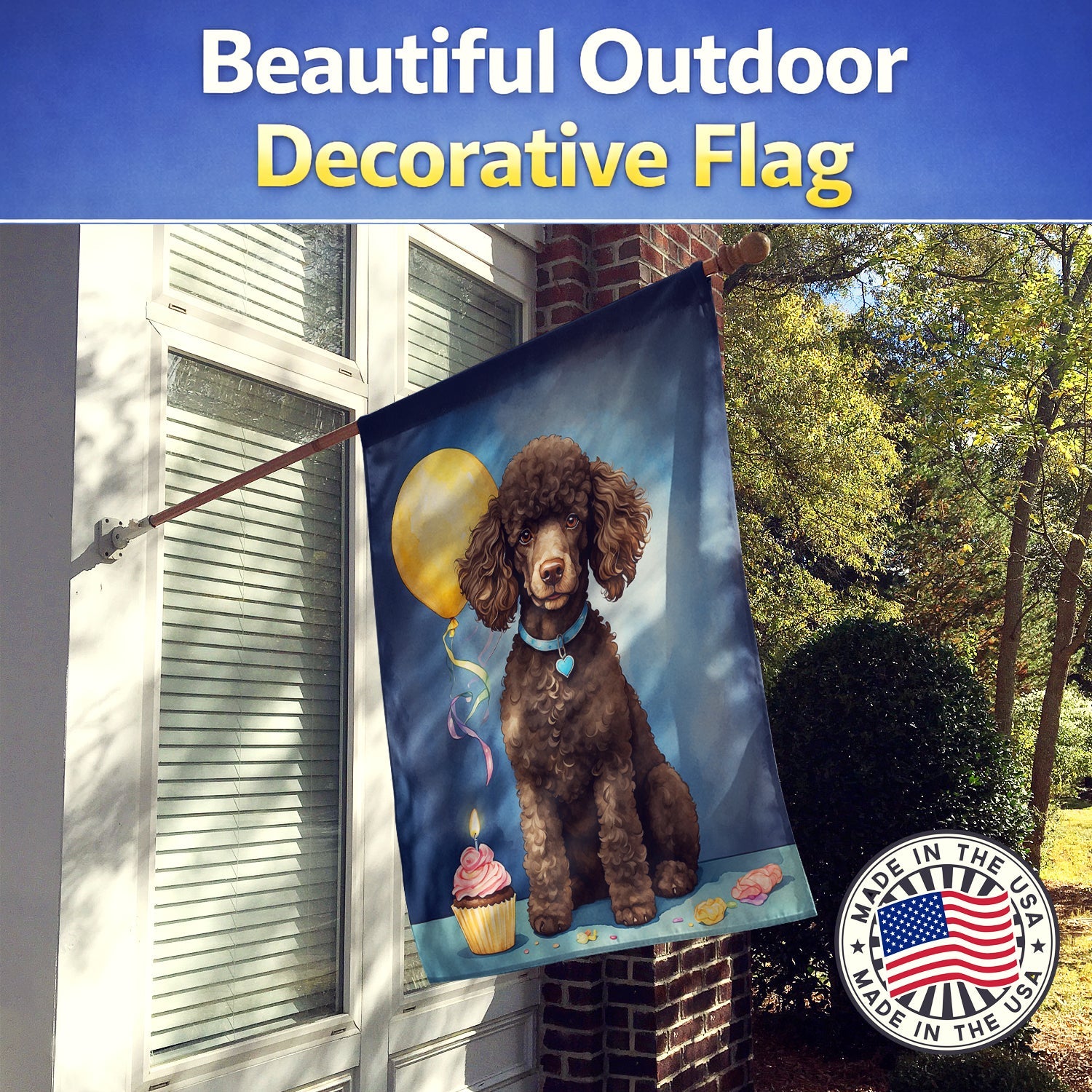 Chocolate Standard Poodle Happy Birthday House Flag 28x40 Porch Sleeve Pole Decorative Outside Yard Banner Artwork Wall Hanging, Polyester