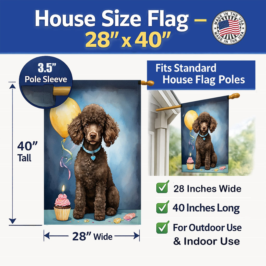 Chocolate Standard Poodle Happy Birthday House Flag 28x40 Porch Sleeve Pole Decorative Outside Yard Banner Artwork Wall Hanging, Polyester