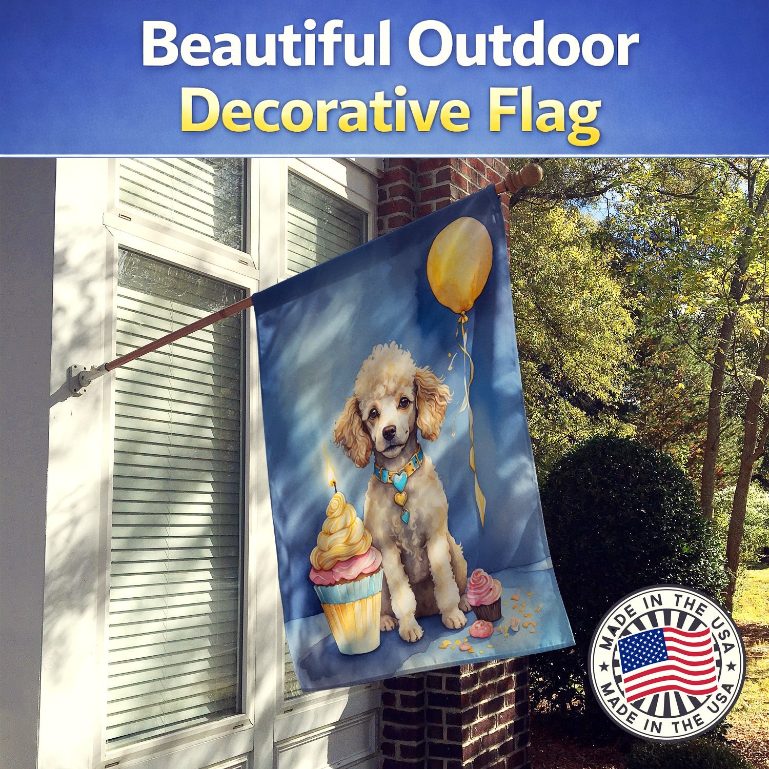 White Toy Poodle Happy Birthday House Flag 28x40 Porch Sleeve Pole Decorative Outside Yard Banner Artwork Wall Hanging, Polyester