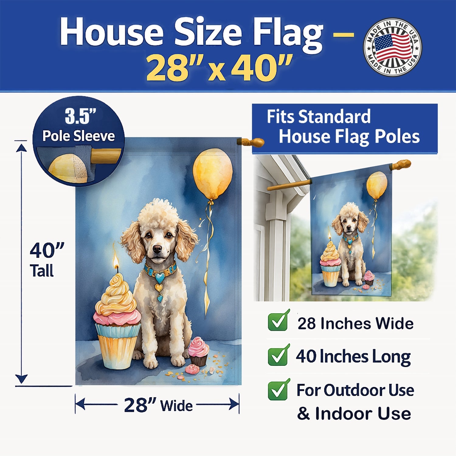 White Toy Poodle Happy Birthday House Flag 28x40 Porch Sleeve Pole Decorative Outside Yard Banner Artwork Wall Hanging, Polyester